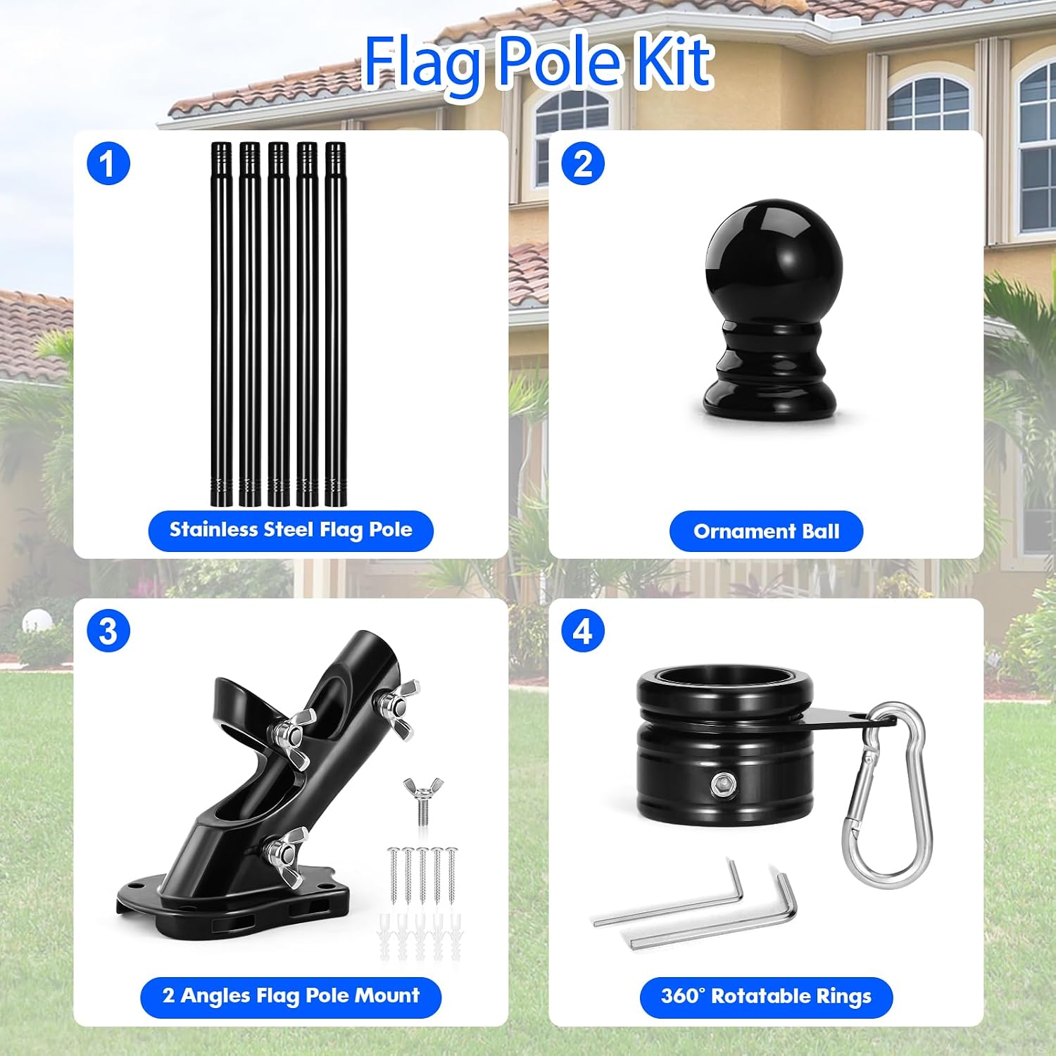 Anovo Flag Pole Kit- Upgraded Holder, Stainless Steel 6 FT Flag Poles with1 Inch Metal 360° Rotating Flag Pole Rings