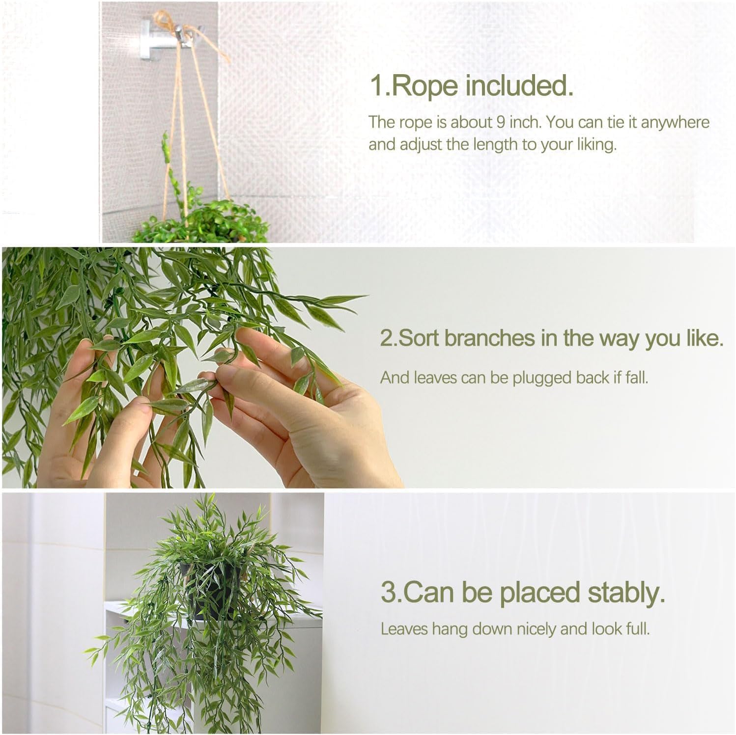 3 Packs Fake Hanging Plants with Black Pots for Wall Decor | 20" Long, Lifelike Cascading Greenery, Easy to Clean