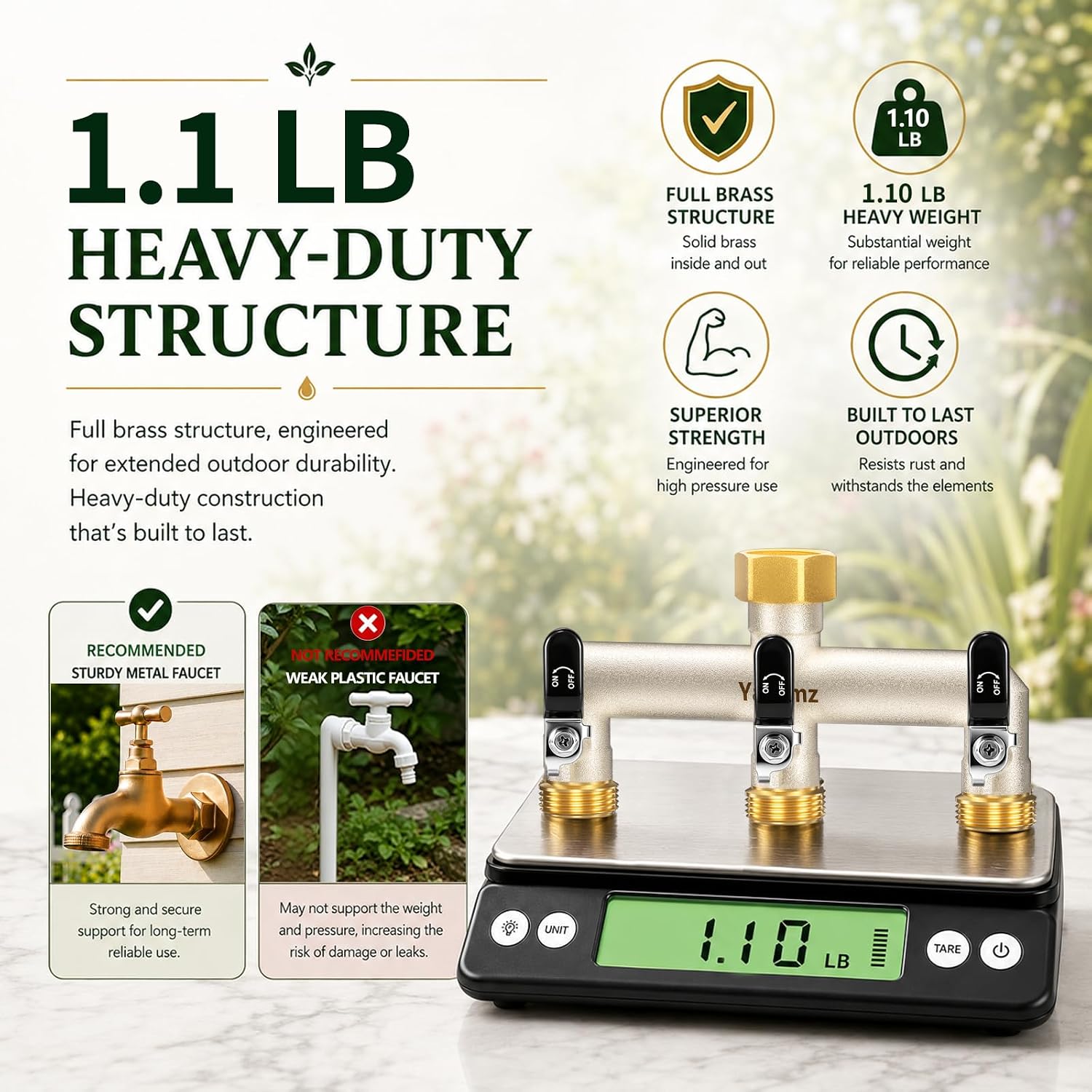 3 Way Garden Hose Splitter, 3/4" GHT Outdoor Faucet Splitter | Heavy-duty Solid Brass Body, Wide Spacing Fits Large