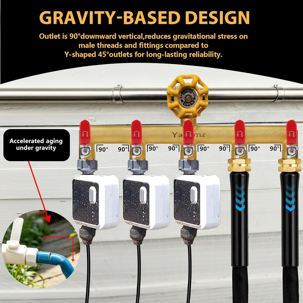 5 Way Garden Hose Splitter, 3/4" GHT Outdoor Water Spigot Splitter | Heavy Duty Solid Brass Body with Shut-off Valves &