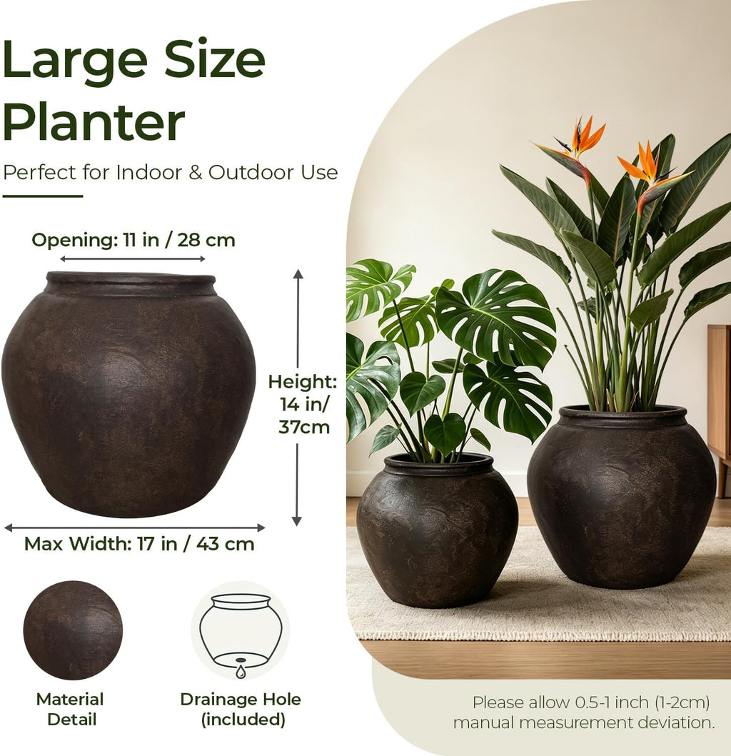 14" H x 17" Dia Fiberstone Planter Pot with Drainage Hole, Large Vintage Style Indoor Outdoor Flower Pot, Lightweight