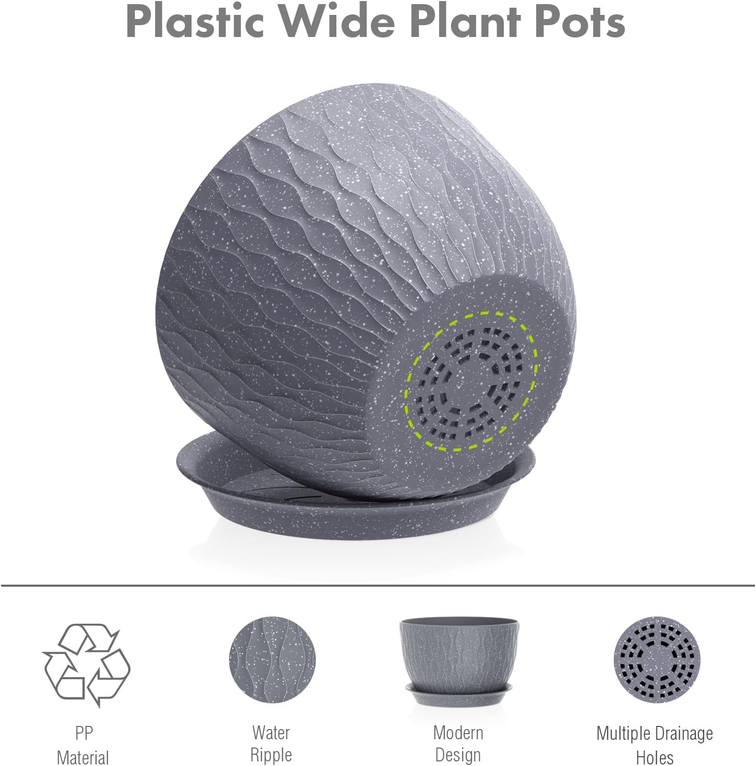 Meowell Large Flower Pots 12/10/9 inch, 3 Set Big Plant Pots for Outdoor Indoor Plants with Water Ripples, Wide Plastic