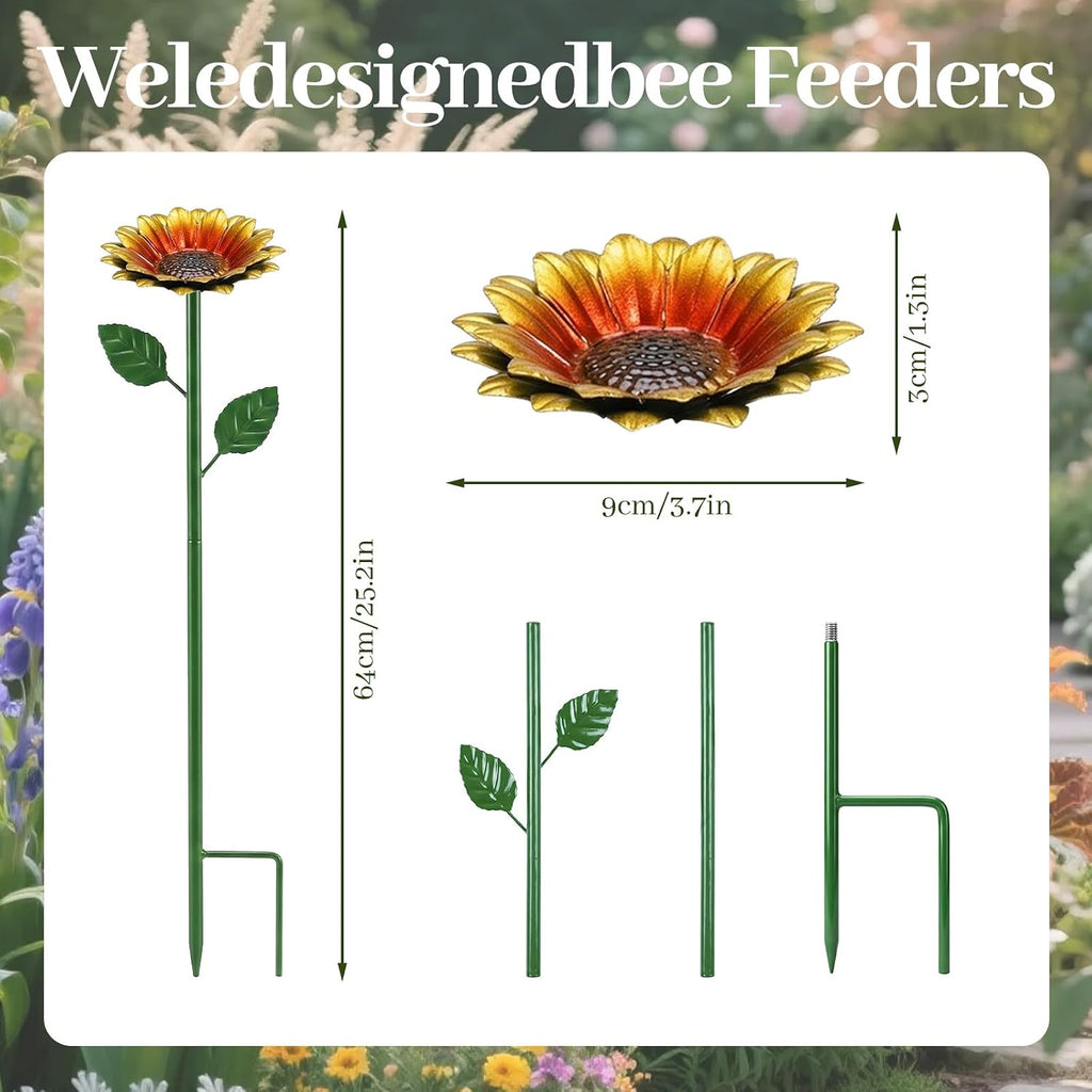 4 Pack Sunflower Flower Bee Watering Station with 20 Glass Beads | Bee Bath for Garden, Metal Bee Water Feeder with