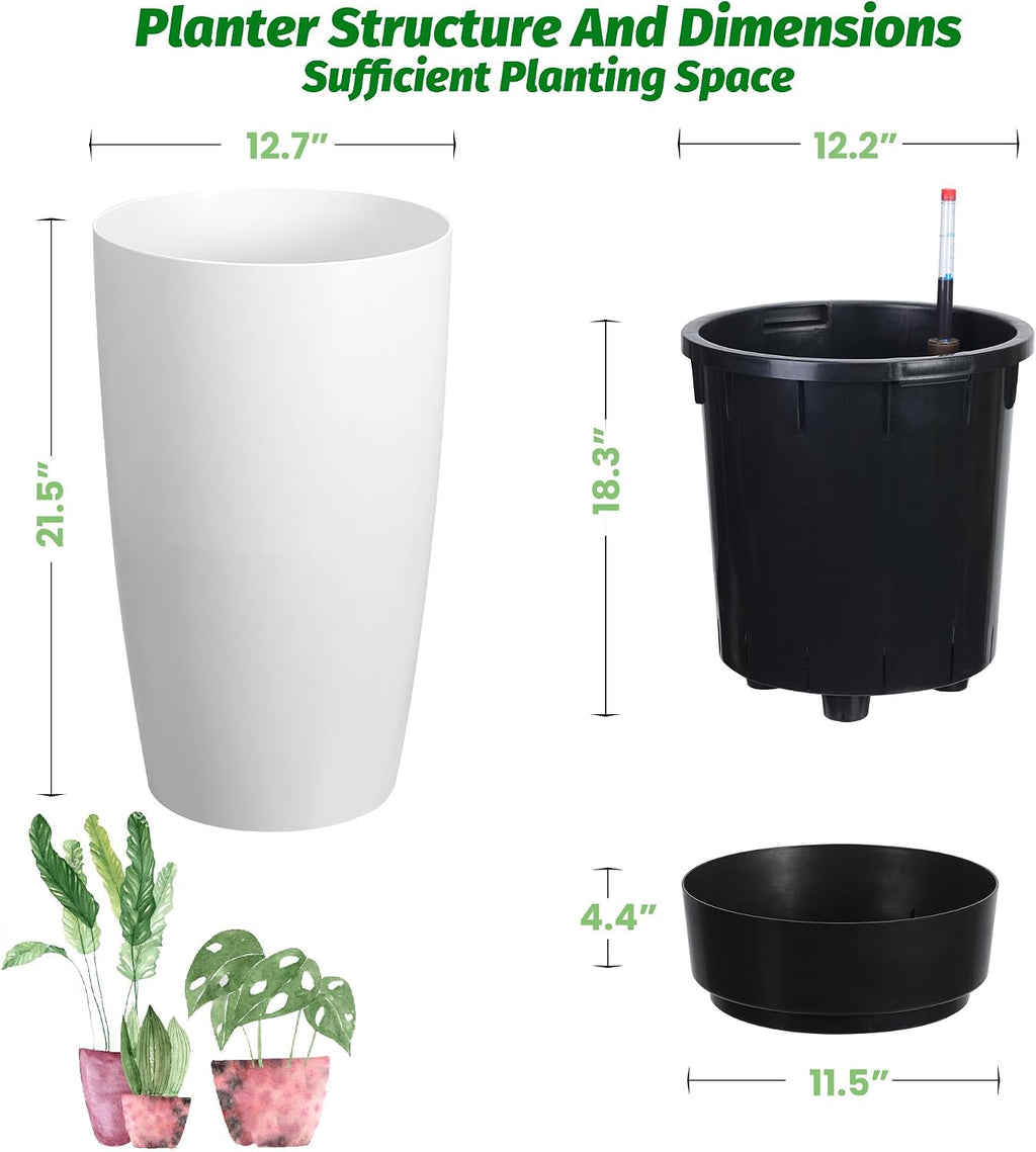 22" Tall Planter Set of 2, Self Watering Pots, Large Planter for Outdoor | Built-in Drainage and a Water Level Monitor