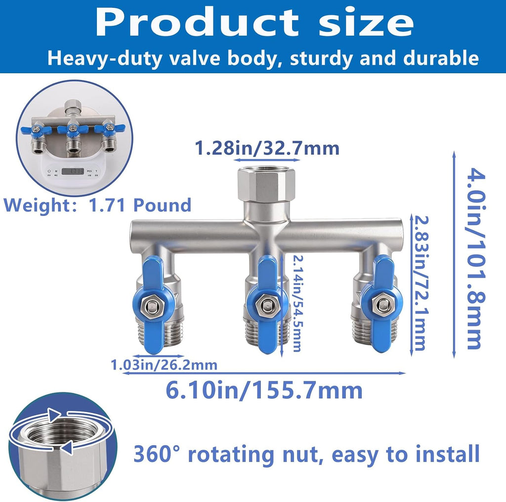 304 Stainless Steel Garden Hose Splitter 3 Way Heavy Duty, Full Flow T Valve Water Hose Splitter With 2.1" Extra Long