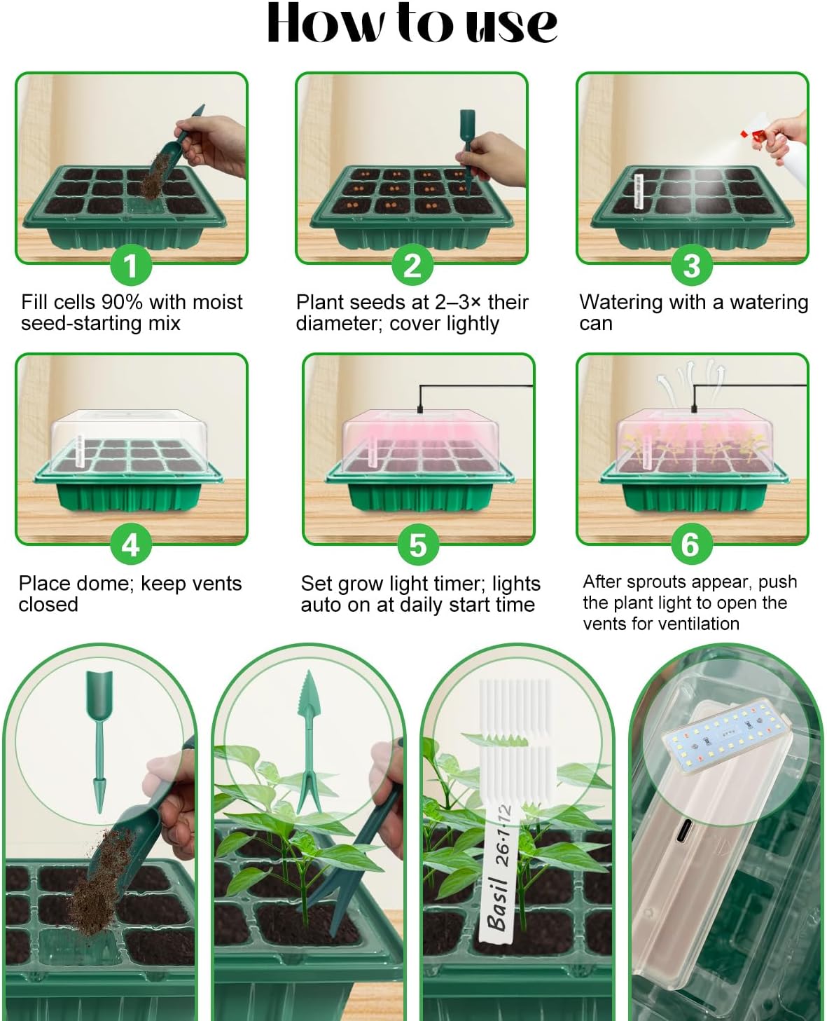 Seed Starter Tray with Grow Light (4x 24-LED), 4 Pack for Seed Starting | Seed Starter Kit with Humidity Domes and