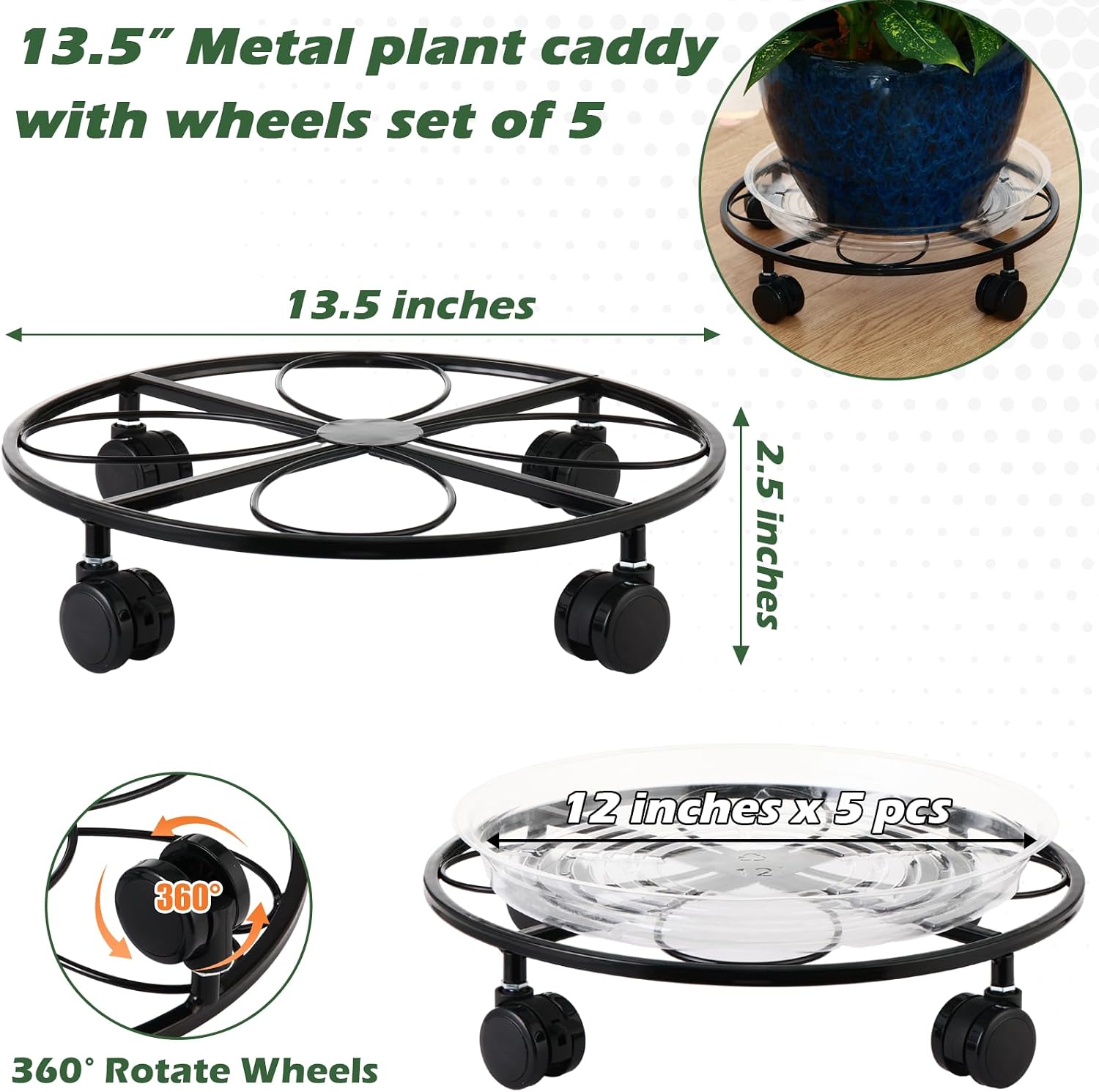 5 Packs 13.5 inches Large Metal Plant Caddy with Wheels Round Planter Dolly Pot Mover Rollers Wrought Iron Rolling