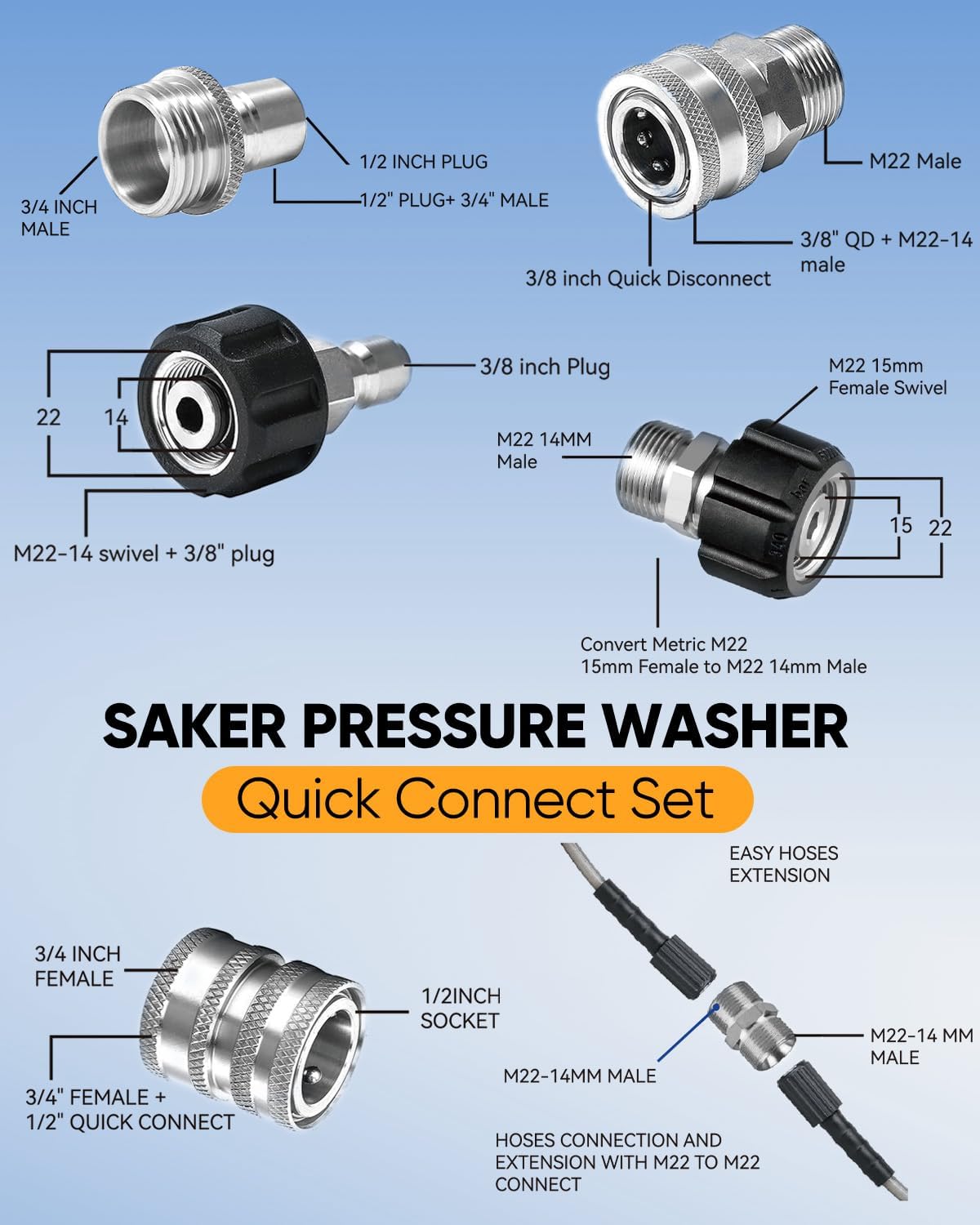Saker Pressure Washer Hose Connector Set 10 PCS,Hose Adapter Set,Pressure Washer Connector Accessories,M22-14 Swivel to