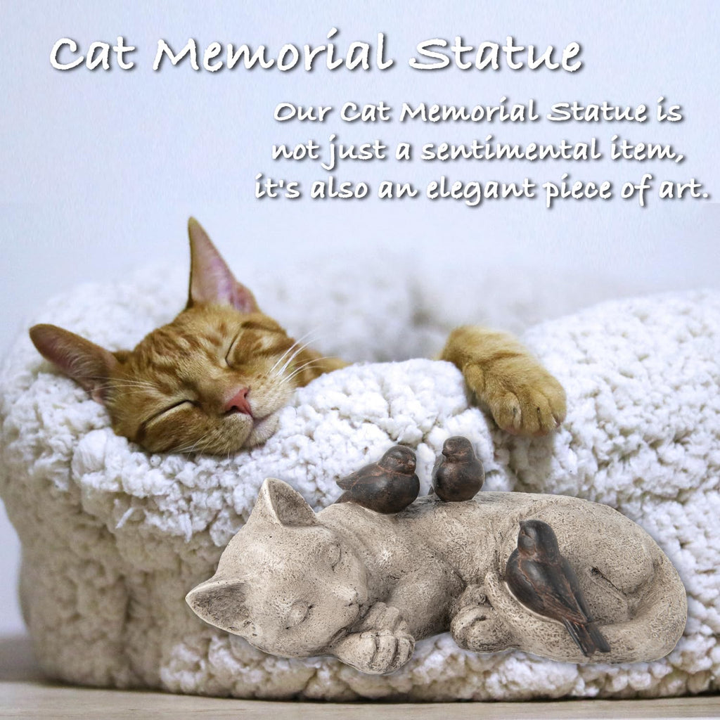 Sleeping Cat Garden Statues Outdoor - 12" Sparrows On Cat Figurine Memorial Statue Grave Markers Garden Resin Statues