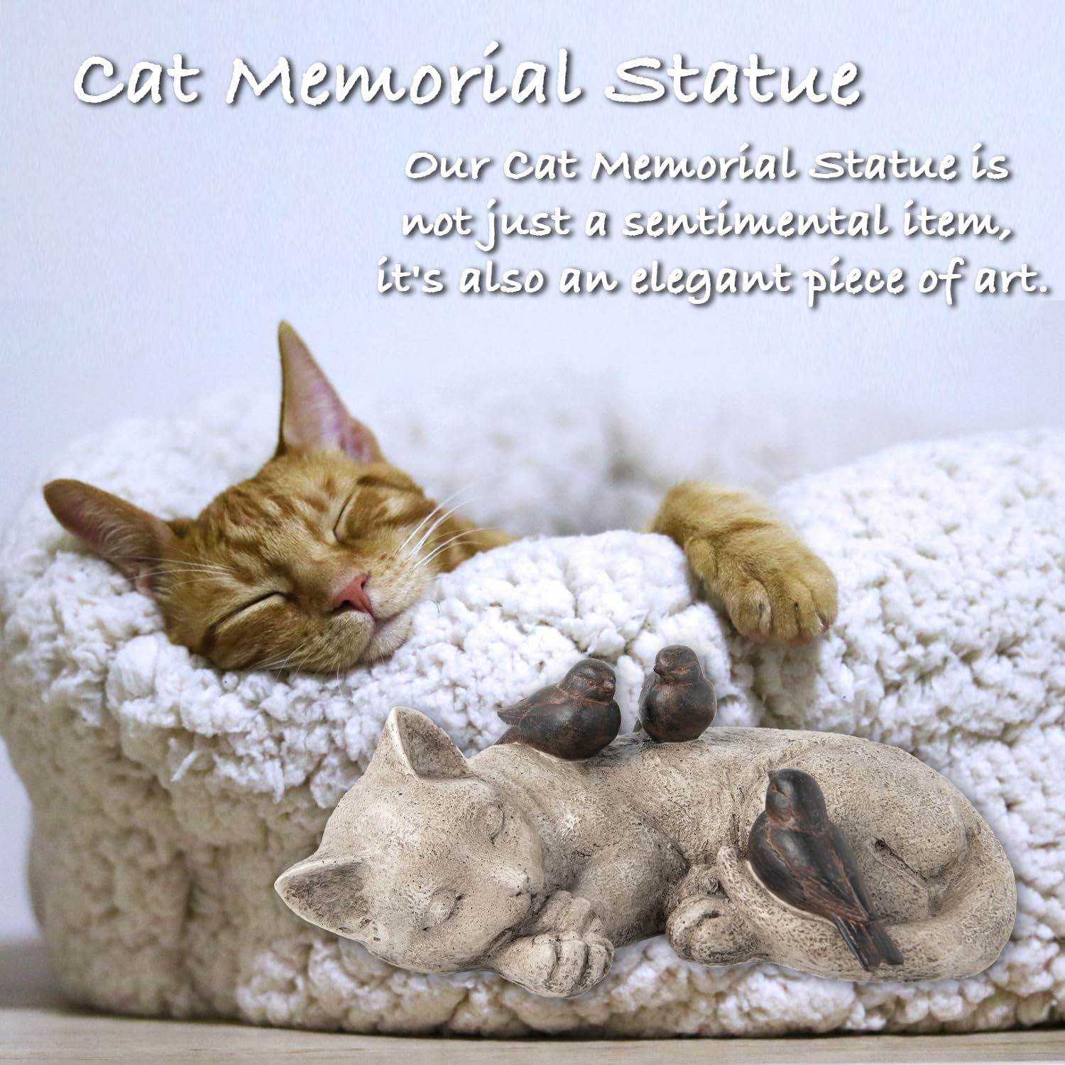 Sleeping Cat Garden Statues Outdoor - 12" Sparrows On Cat Figurine Memorial Statue Grave Markers Garden Resin Statues