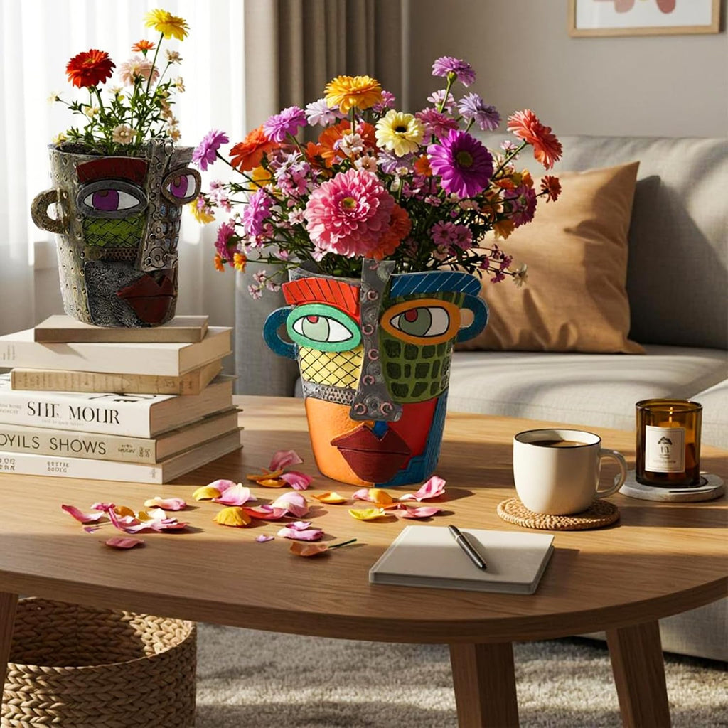 LemonRoad 2 Pcs Abstract Picasso Face Pots Head, Mexican Flower Pots with Drainage, Unique Decorative Head Plant for