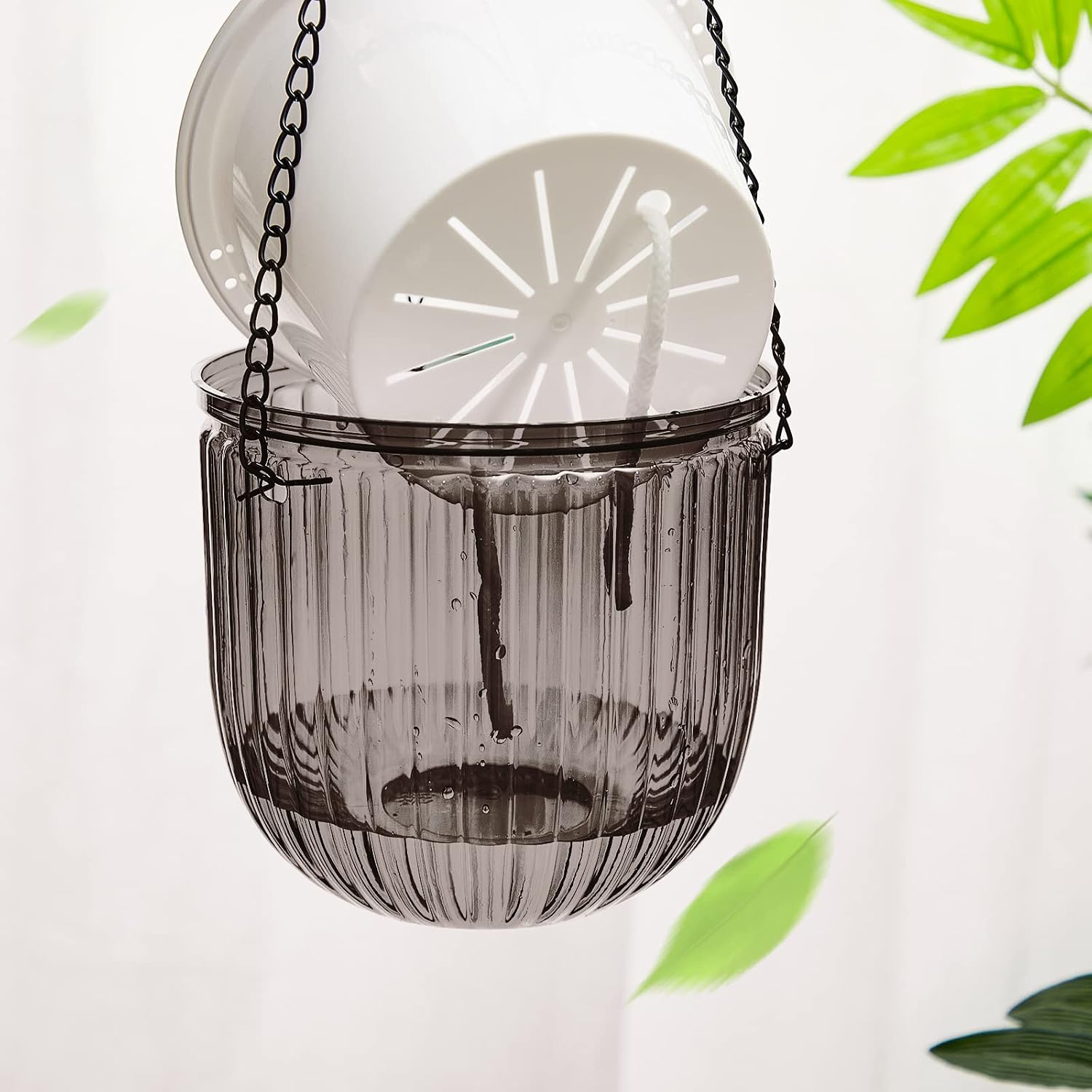 4 Pcs Self Watering Hanging Planter Indoor 6.5 Inch Hanging Baskets for Plants Outdoor Plastic Flower Pot with 3 Hooks