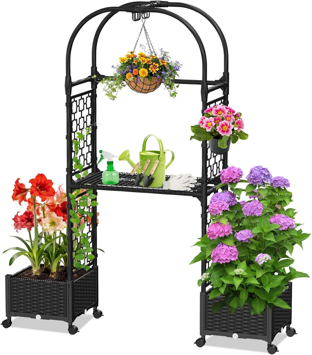 Planter Box with Trellis,5.9ft/71in Self Watering Raised Garden Bed with Wheels and Storage Shelf,Drainage Holes,for