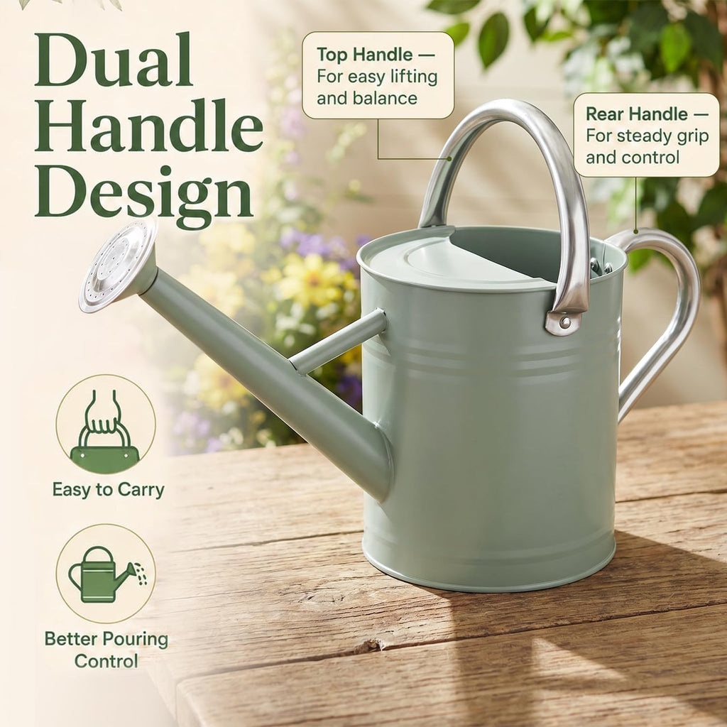 1 Gallon Metal Watering Can for Indoor Outdoor Plants, Cream Green | Removable spout switches between gentle shower and