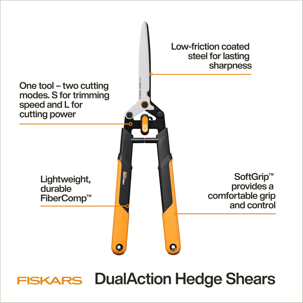 Fiskars 25" DualAction Hedge Shears, 2-in-1 Fast or Powerful Trimming | Cuts Through Thin & Thick Branches of Hedges &