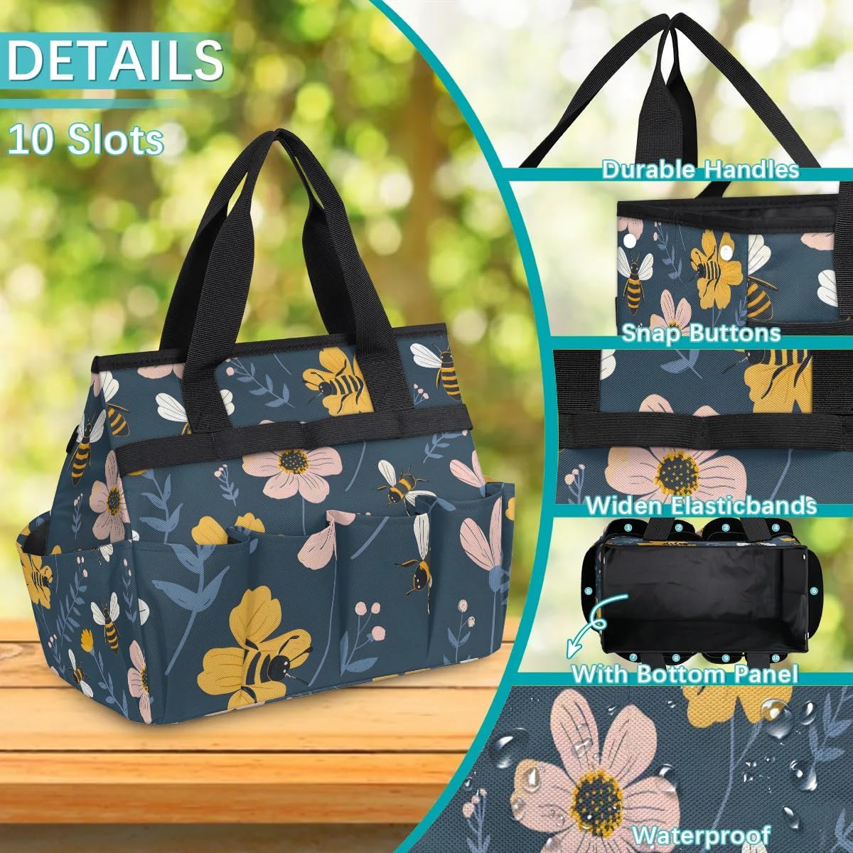 Garden Tote Bag with Pockets Bee Flower Gardening Bags for Tools Organizer Heavy Duty Storage Bag with Handle for Lawn