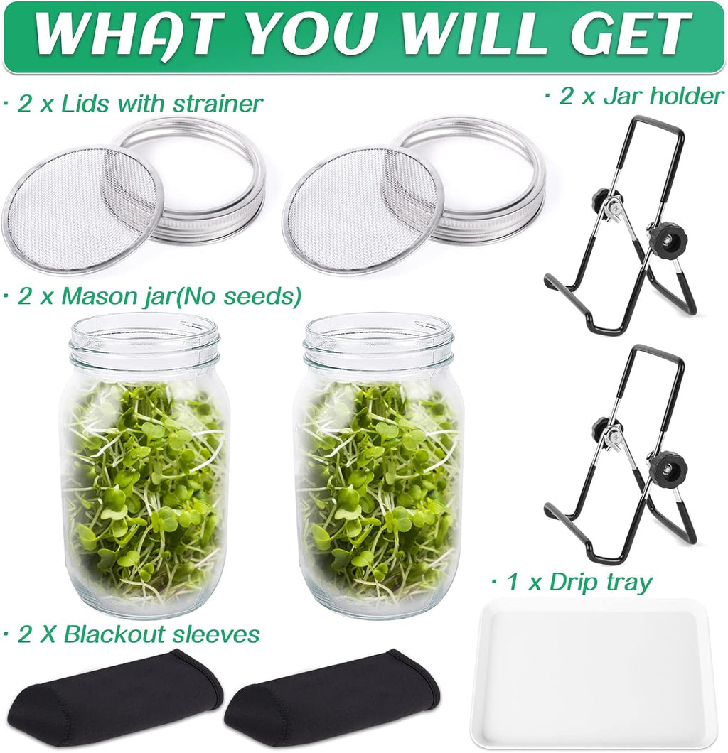 Kikerike Seed Sprouting Jar Kit with 2 Wide Mouth Mason Jars Bean Sprouts Growing Kit Microgreens Growing Jar with Mesh