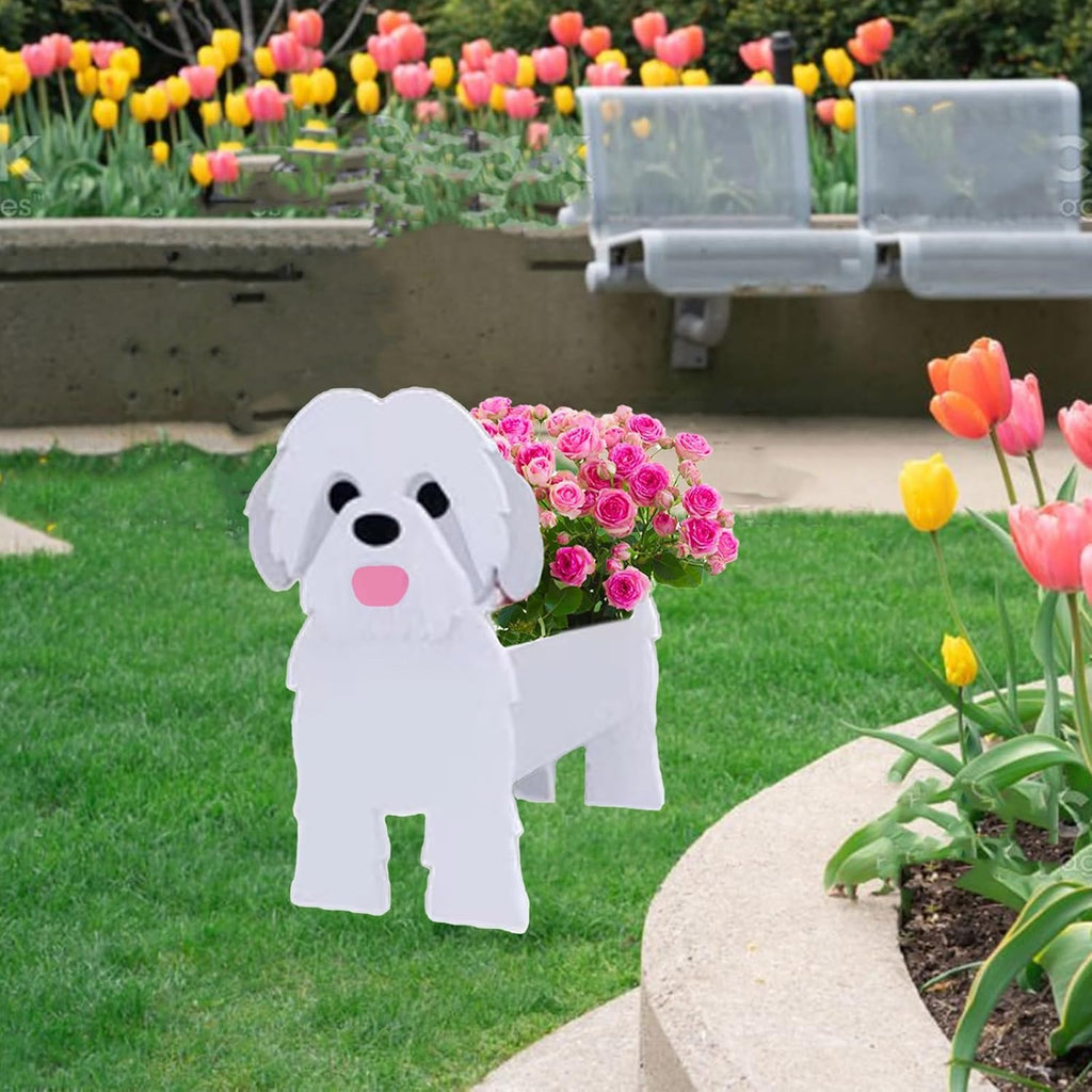 White Shih Tzu Dog Planter Pots, Animal Shaped Flower Pot | Cute Plant Gift for Women and Pet Lovers, Indoor Outdoor