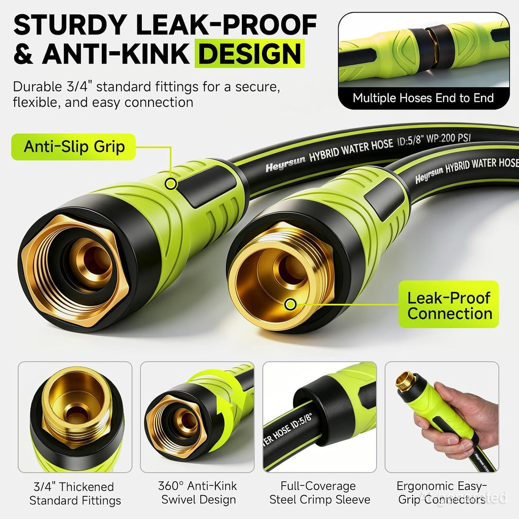 Garden Hose 50ft, Non-Expandable Heavy Duty Water Hose with 10 Function Sprayer, Flexible, Leakproof, Kink Resistant &