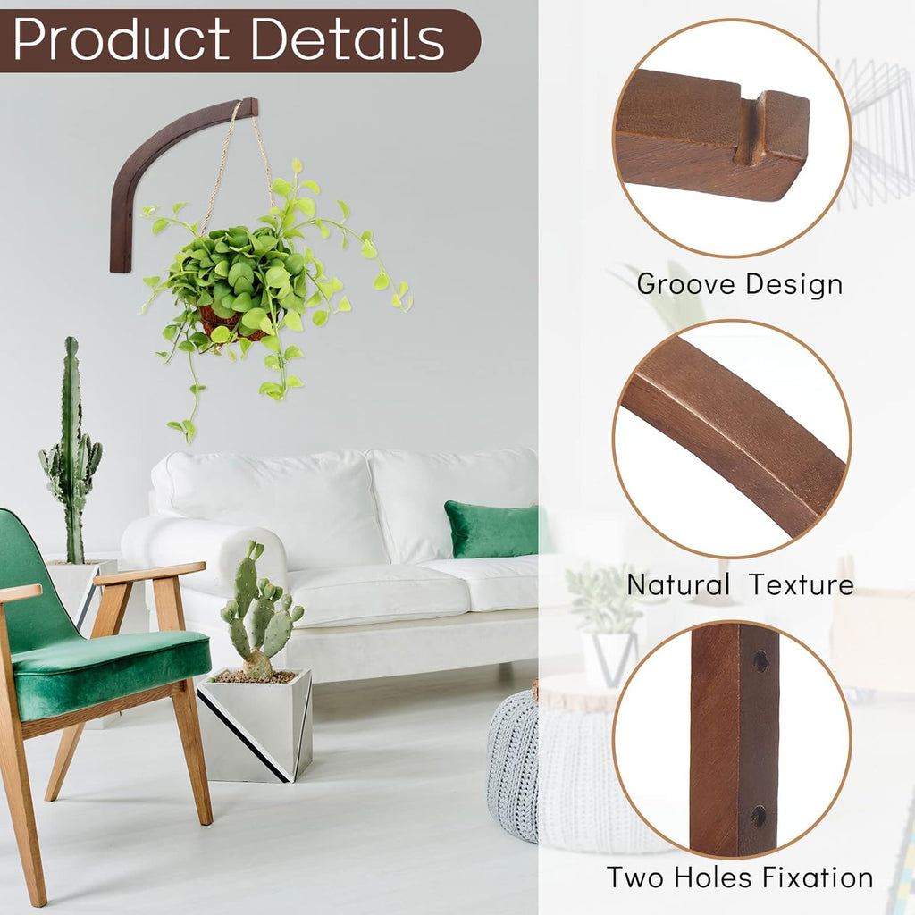 4 Pack 8 Inch Wooden Plant Hanger Wall Mount, Plant Hanging Bracket Hook for Indoor Outdoor, Hanging Bracket for Flower