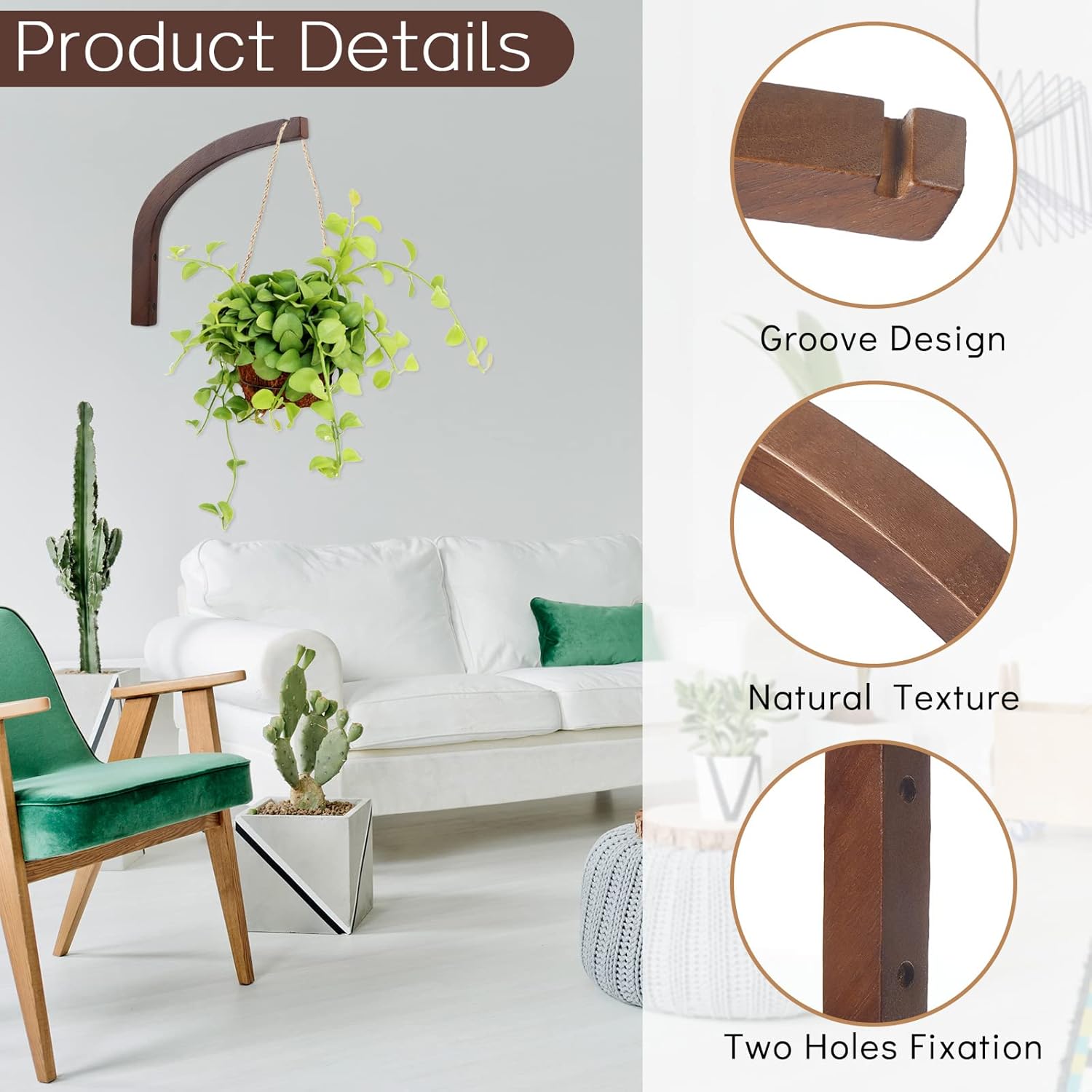 4 Pack 8 Inch Wooden Plant Hanger Wall Mount, Plant Hanging Bracket Hook for Indoor Outdoor, Hanging Bracket for Flower
