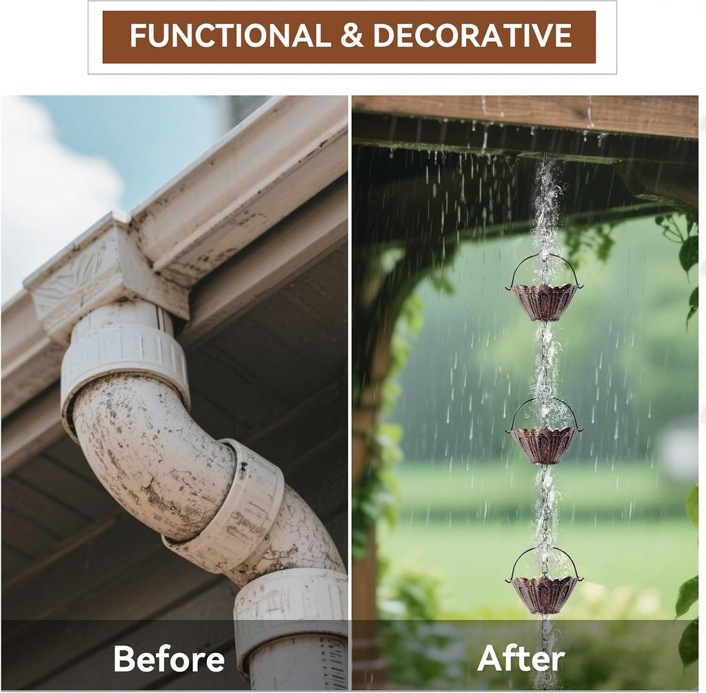 Copper Lotus Rain Chain for Gutters, 8.7 FT Decorative Downspout | Handcrafted Finish, 12 Lotus Cups, Smooth Water