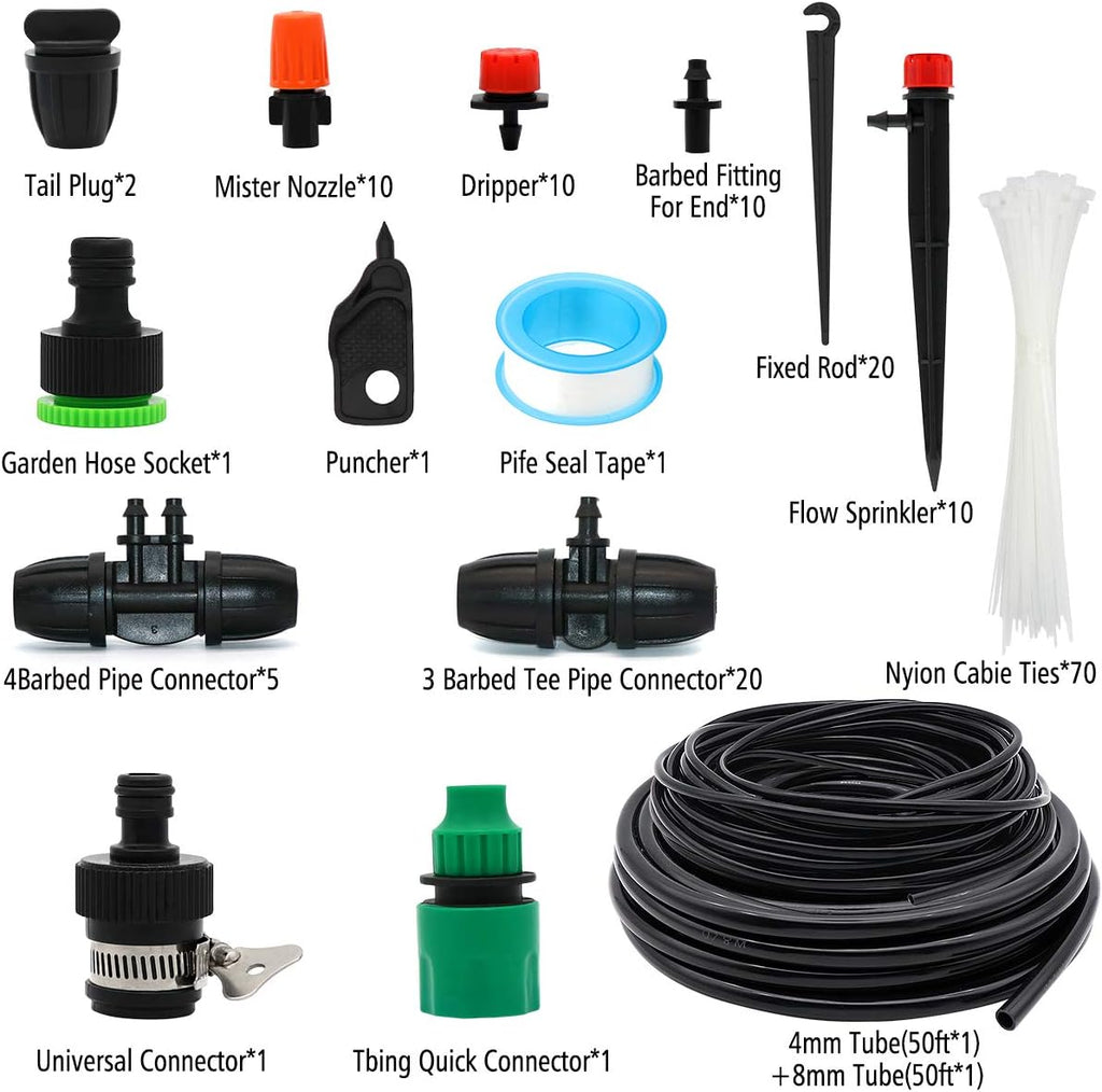 Drip Irrigation System, 100FT Drip Irrigation Kit for Garden - 50FT Main & 50FT Branch Tubing, Adjustable Nozzles for