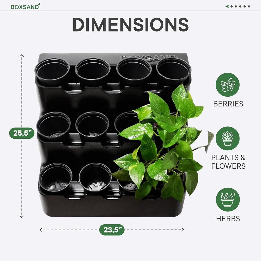 BOXSAND-12 Vertical Wall Planter (24"x26", Black with Black Pots) – Living Wall for 12 Plants, Indoor/Outdoor Vertical