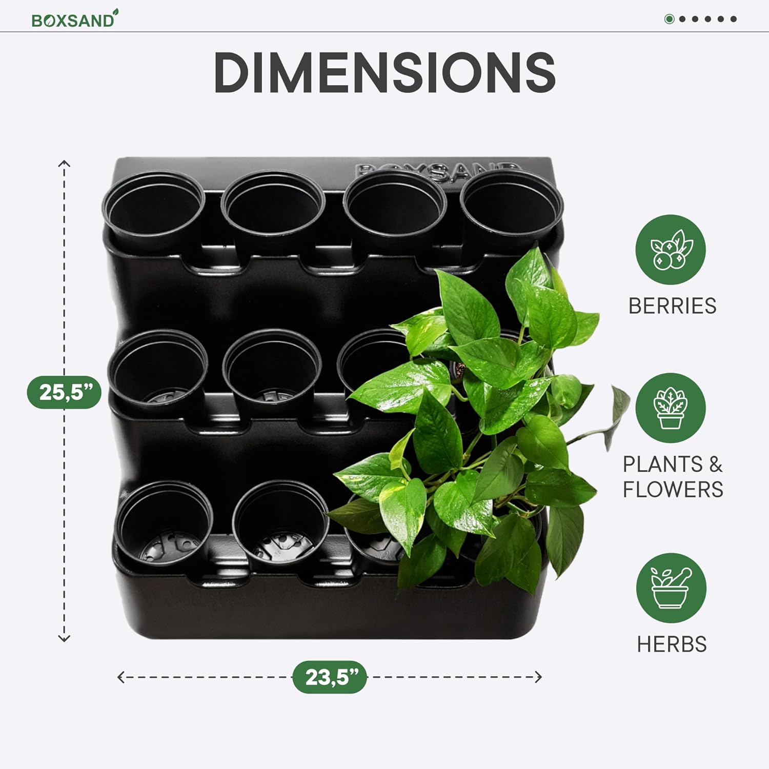BOXSAND-12 Vertical Wall Planter (24"x26", Black with Black Pots) – Living Wall for 12 Plants, Indoor/Outdoor Vertical