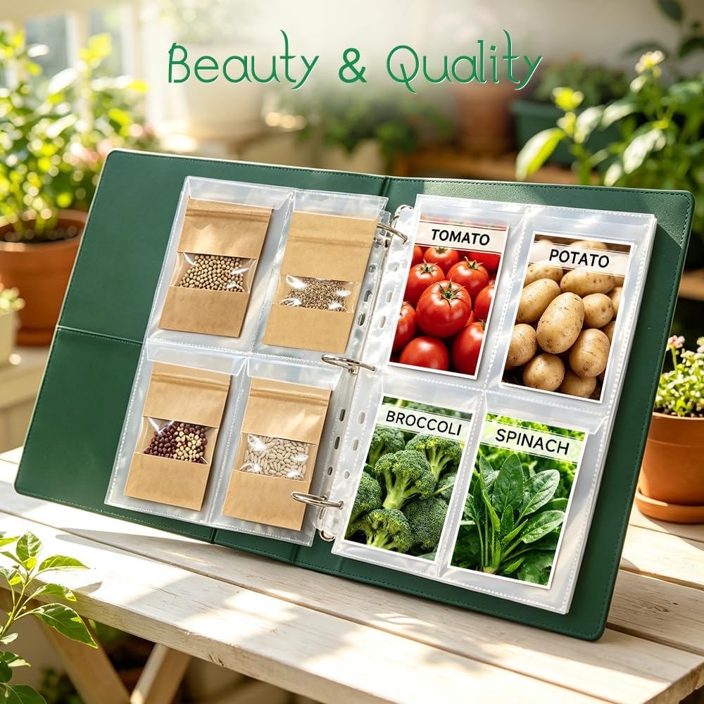 Seed Storage Packet Organizer Binder: Garden Seed Organizer with 45 Sleeves Binder Sheets Hold 170 Seed Packets & 50