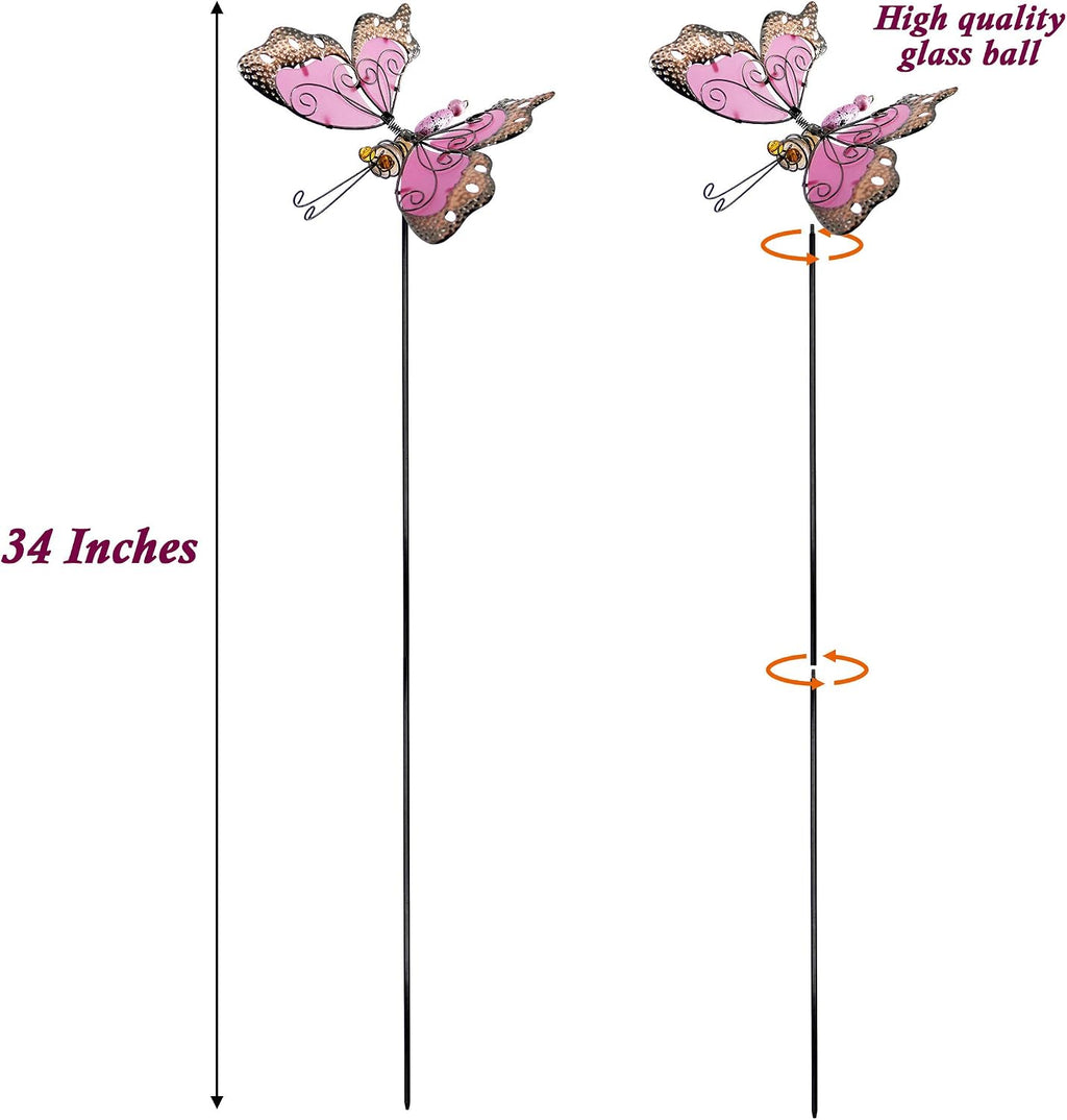 Juegoal 34 Inch Butterfly Garden Stakes Decor, Dragonfly Hummingbird Stakes, Glow in Dark Metal Yard Art for Mom
