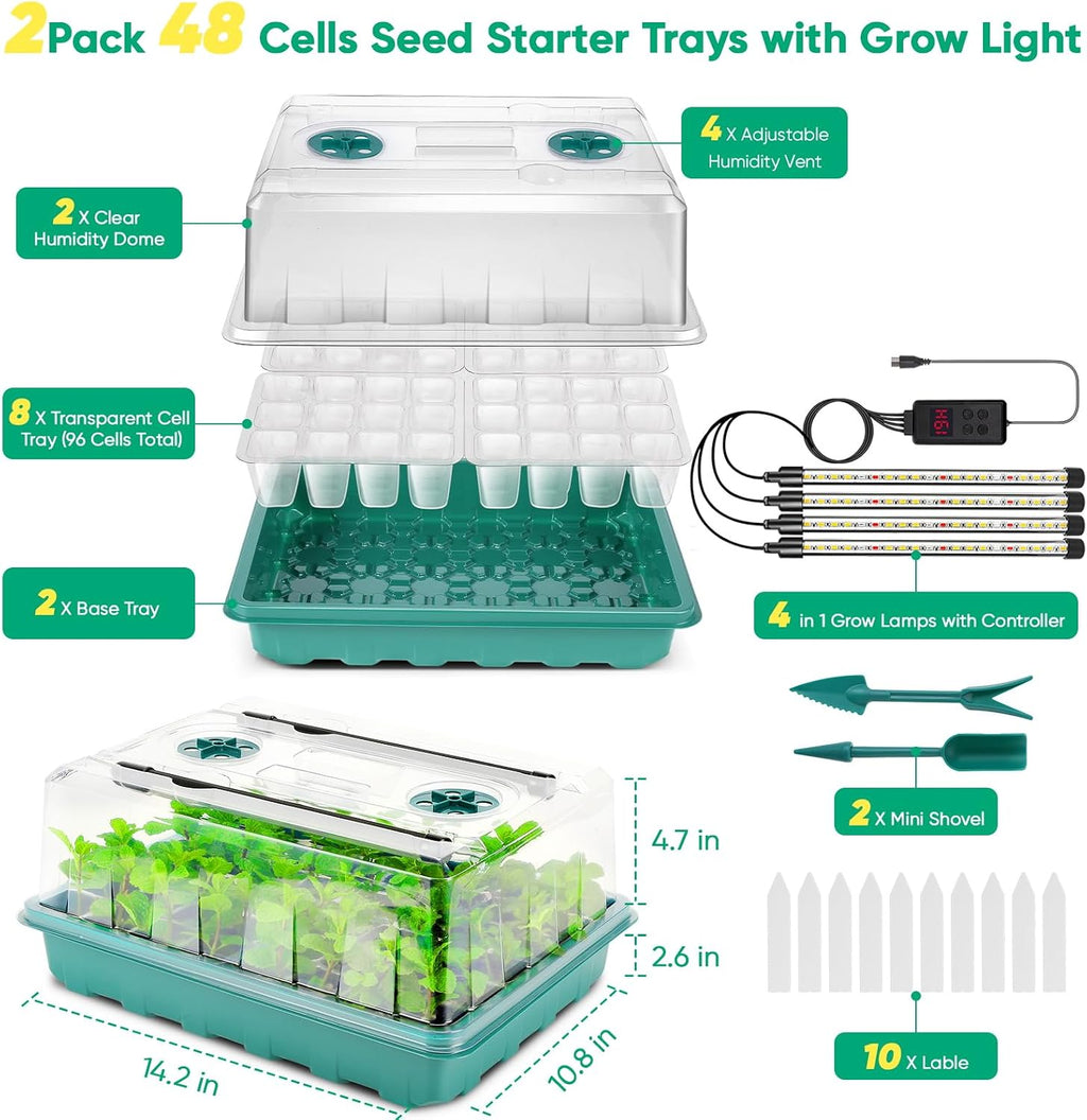 96 Cell Seed Starter Tray with Grow Light, Seed Starting Trays with Adjustable Humidity Dome, Seed Starter Kit Plant