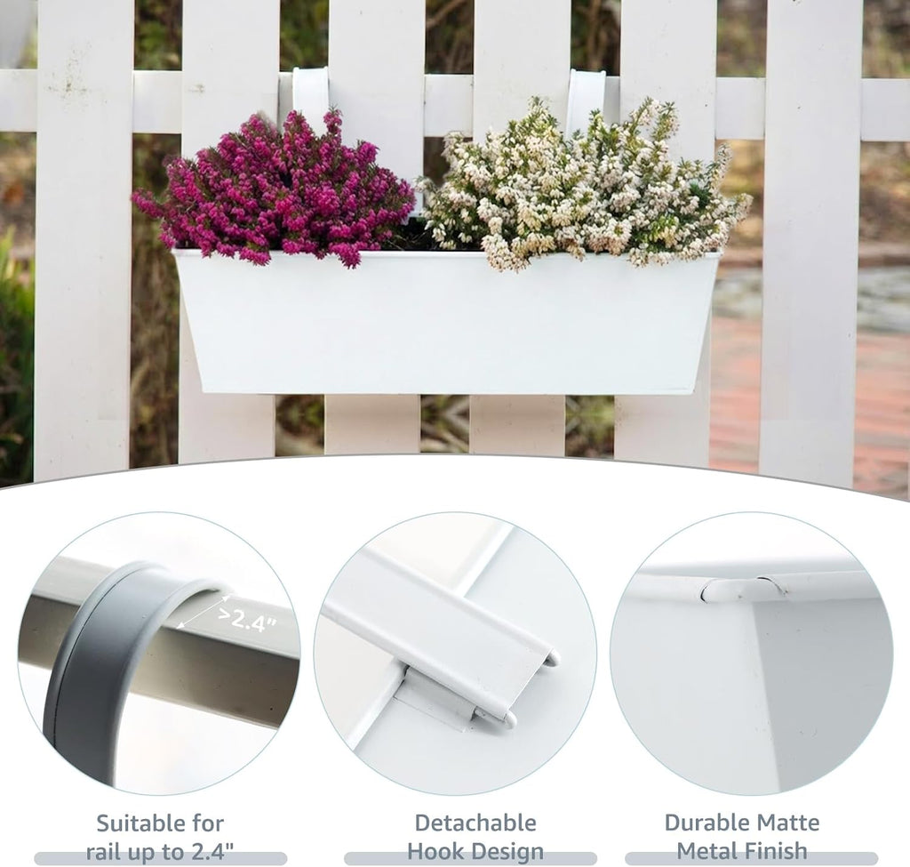 3 Pack Metal Railing Planters, 16 Inch Large Rectangular Hanging Flower Pots with Detachable Hooks & Drainage Holes
