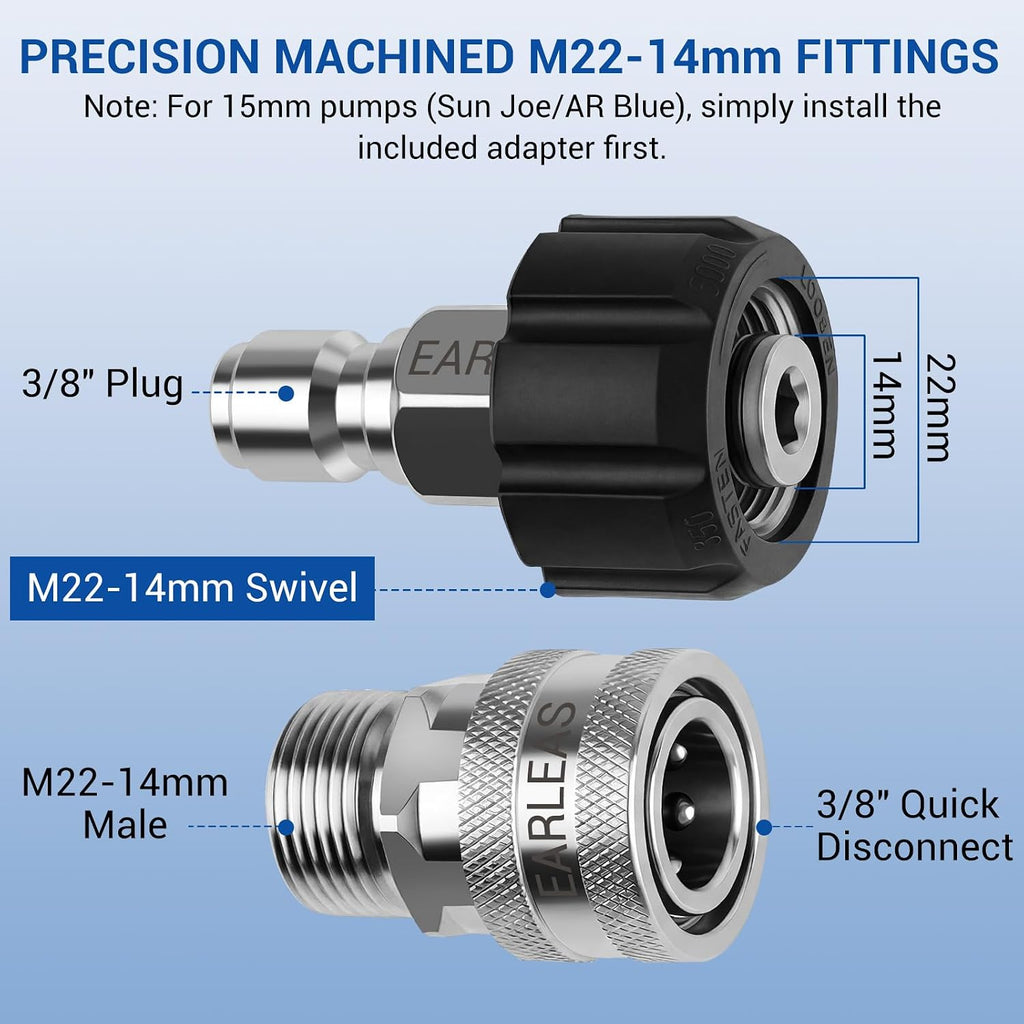 Pressure Washer Quick Connect Kit, 9-Piece Stainless Steel Adapter Set, M22-14mm to 3/8" Quick Disconnect with M22-15mm