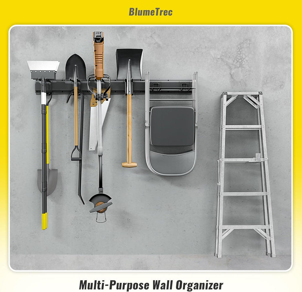 Garage Tool Organizer Wall Mount, 48" Heavy-Duty Metal Wall Organizer, 3 Rails with 6 Adjustable Hooks, Garden Storage