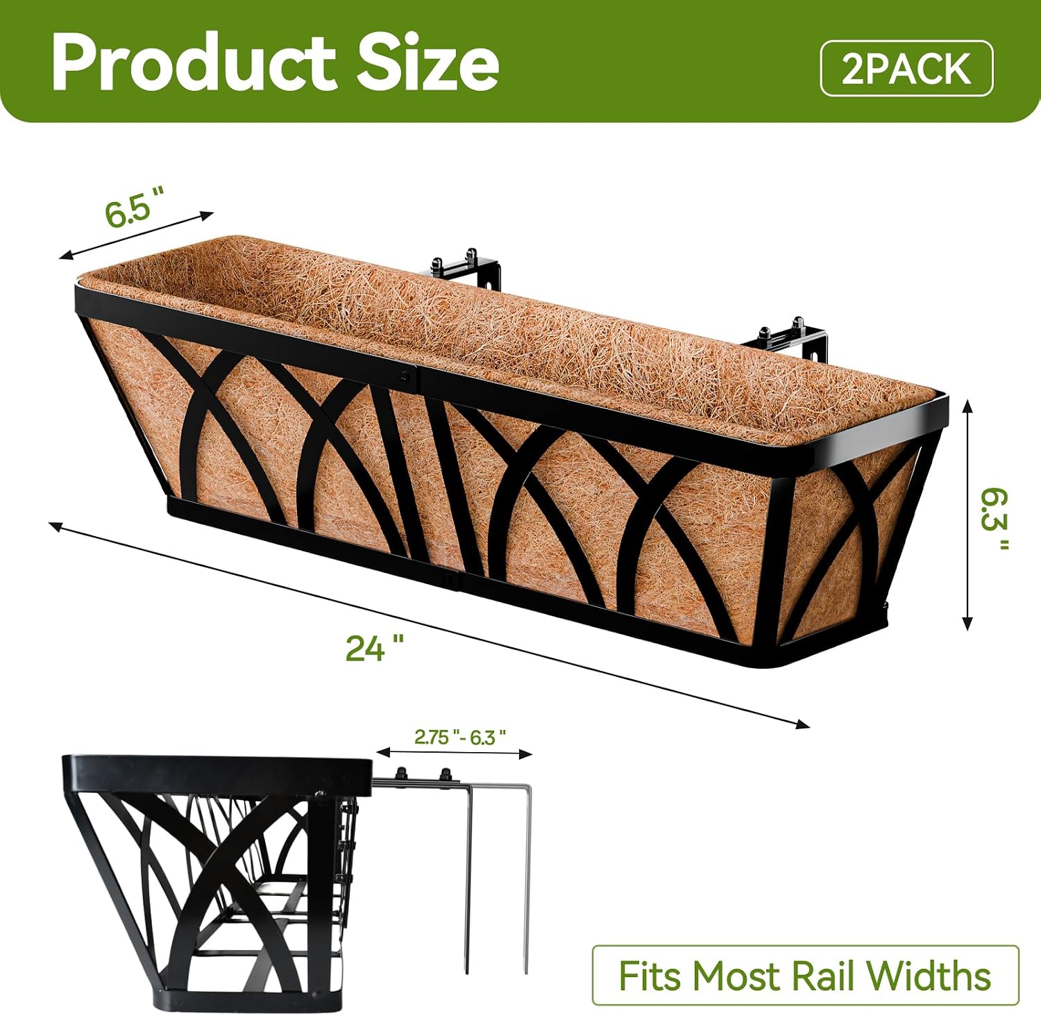 Halatool 24 Inch Railing Planter Box, 2 Pack Heavy Duty Window Box Planters | Metal Balcony Planters with Natural Coco