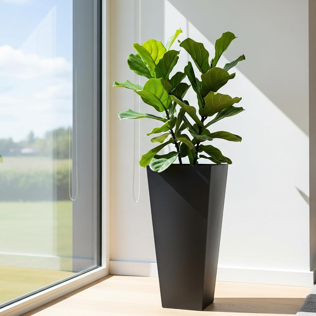 Worth Garden Large 28 in.Tall Planters Set of 2 for Indoor and Outdoor, Heavy Duty Plastic Black Modern Taper Flower