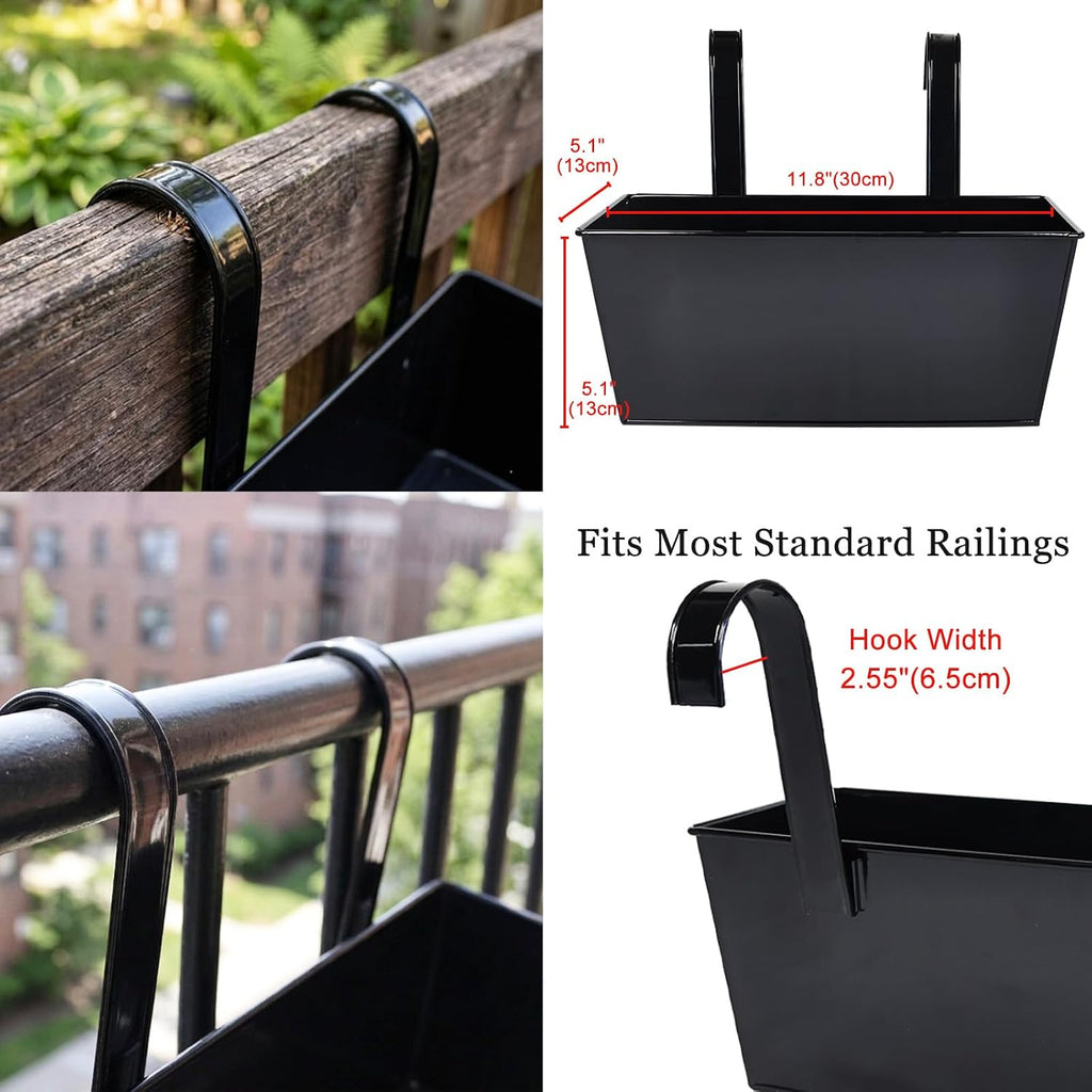 6 Pack 12" Outdoor Metal Balcony Fence Railing Planters, Rectangular Black | Detachable hooks, Drainage holes