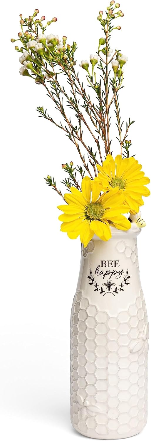 Young's Inc Ceramic Bee Flower Vase, Rustic Farmhouse Honey Bee Vase for Fresh & Faux Flowers, Bee Happy Floral