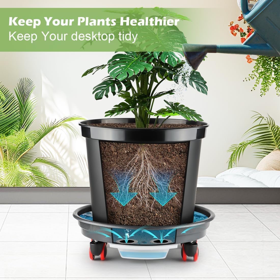 RooTrimmer 4 Pack 13 Inch Plant Caddy with Wheels and Drainage Tray, Gray | Heavy duty rolling plant stand with casters