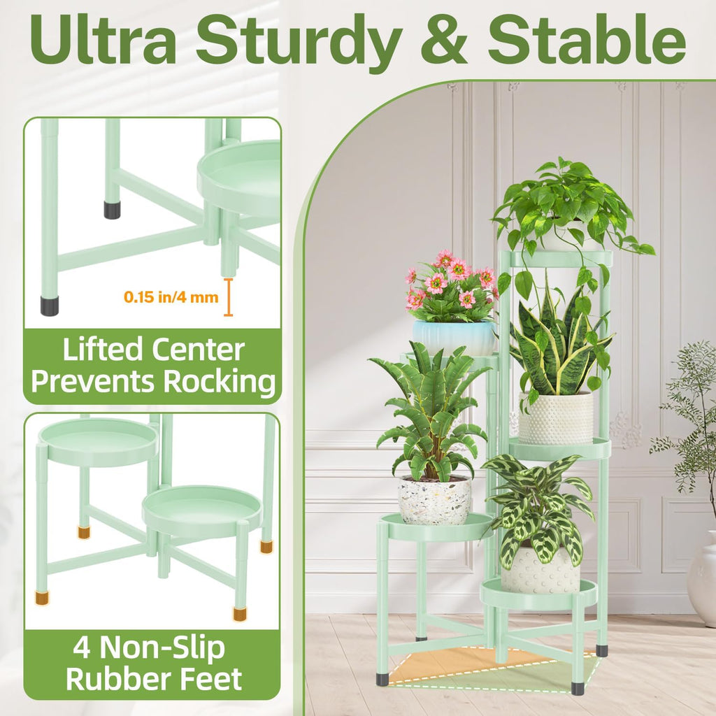 iDavosic.ly Plant Stand Indoor Outdoor, 5 Tier Metal Corner Shelf, Green | Tiered Flower Display Holder, Folding Multi