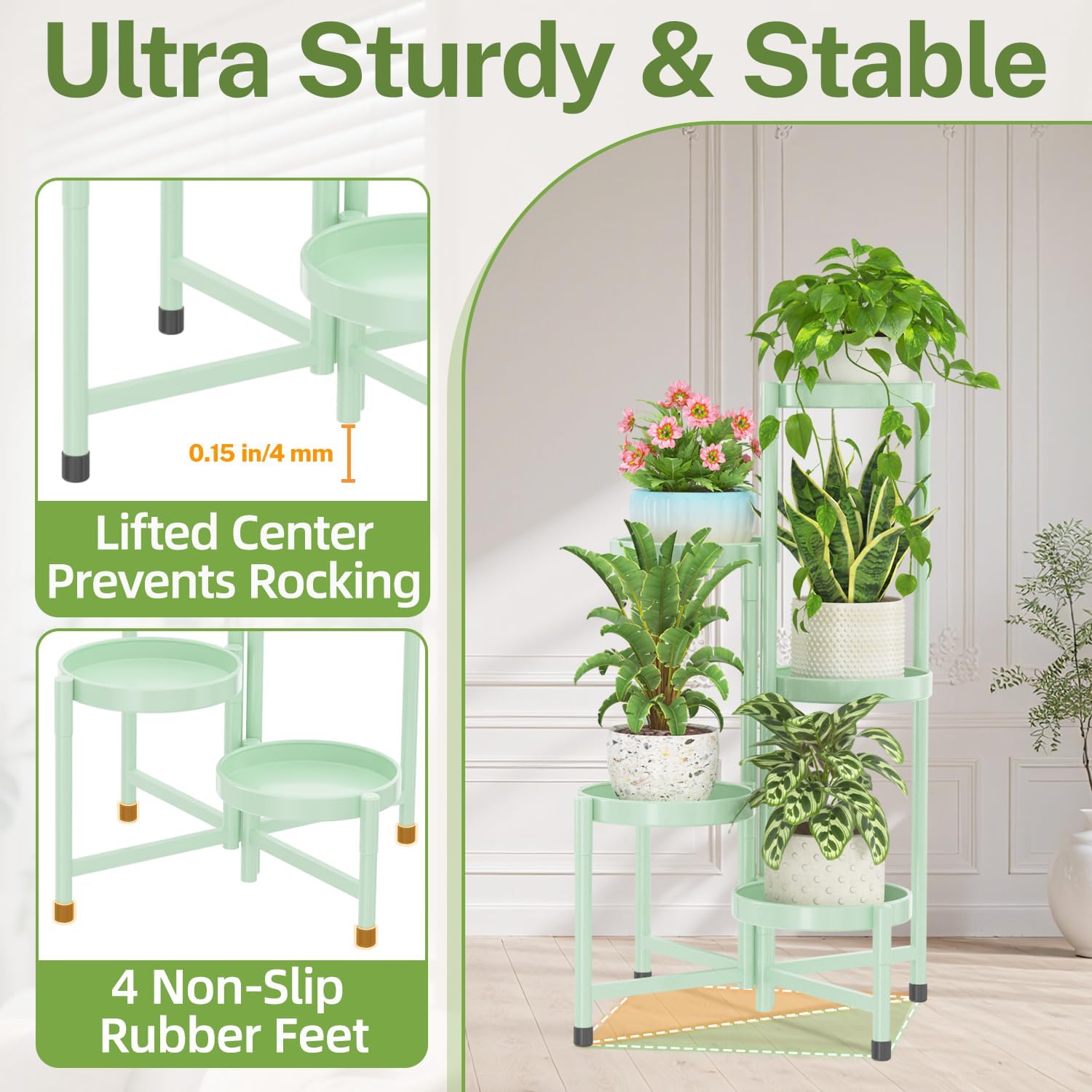 iDavosic.ly Plant Stand Indoor Outdoor, 5 Tier Metal Corner Shelf, Green | Tiered Flower Display Holder, Folding Multi