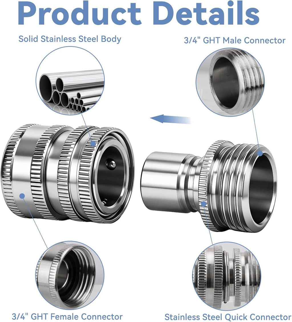 5 Pack 2026 New Stainless Steel Garden Hose Quick Connect Fittings, Quick Release Connect Fitting sets, 1/2 to 3/4 Inch
