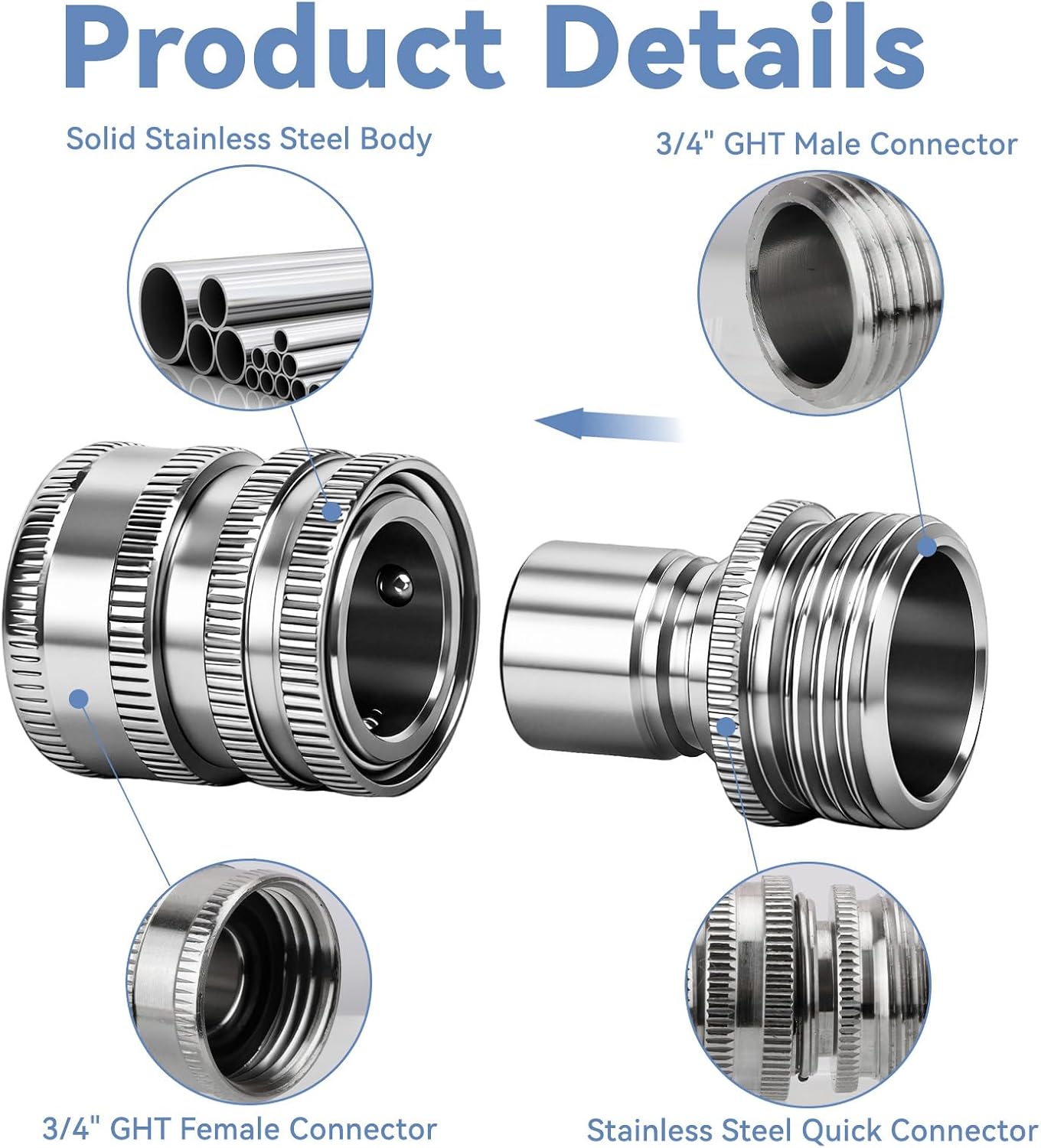 5 Pack 2026 New Stainless Steel Garden Hose Quick Connect Fittings, Quick Release Connect Fitting sets, 1/2 to 3/4 Inch