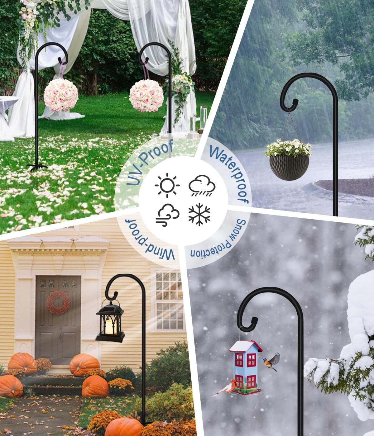 76 inch Outdoor Shepherd Hook with 7 Prong Base (2 Packs), Adjustable Heavy Duty Garden Hanging Stake for Bird Feeder