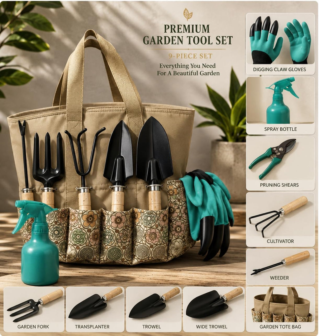 Scuddles 8-Piece Garden Tool Set with Bag, Stainless Steel Tools, Wooden Handles and Soft Poly-Cotton Gloves for