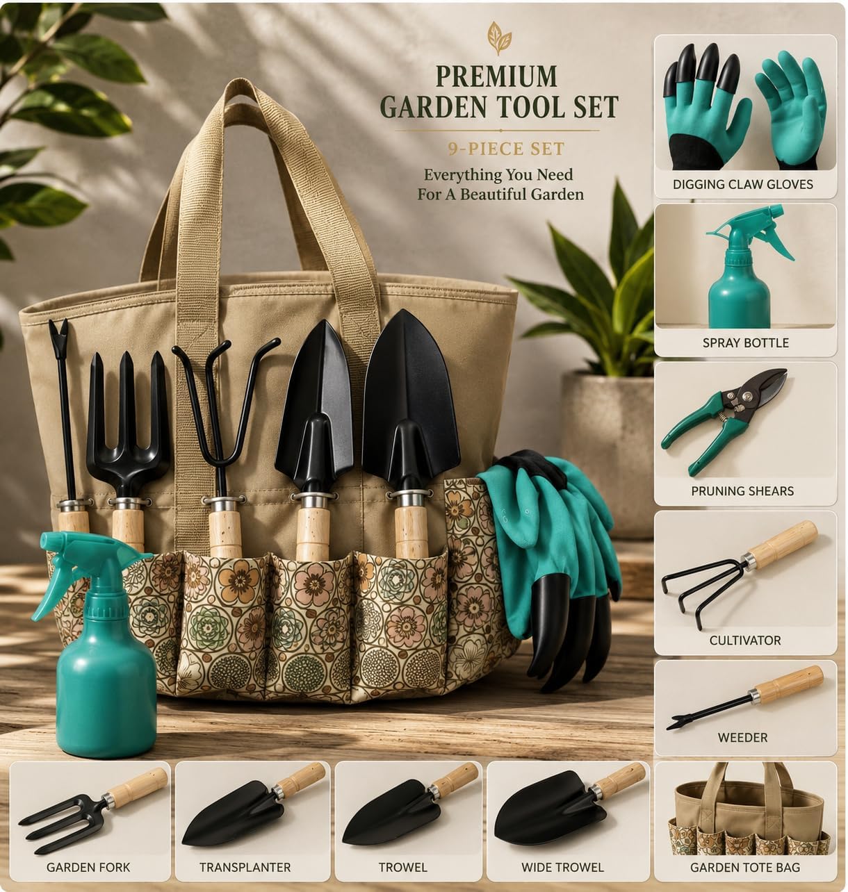 Scuddles 8-Piece Garden Tool Set with Bag, Stainless Steel Tools, Wooden Handles and Soft Poly-Cotton Gloves for