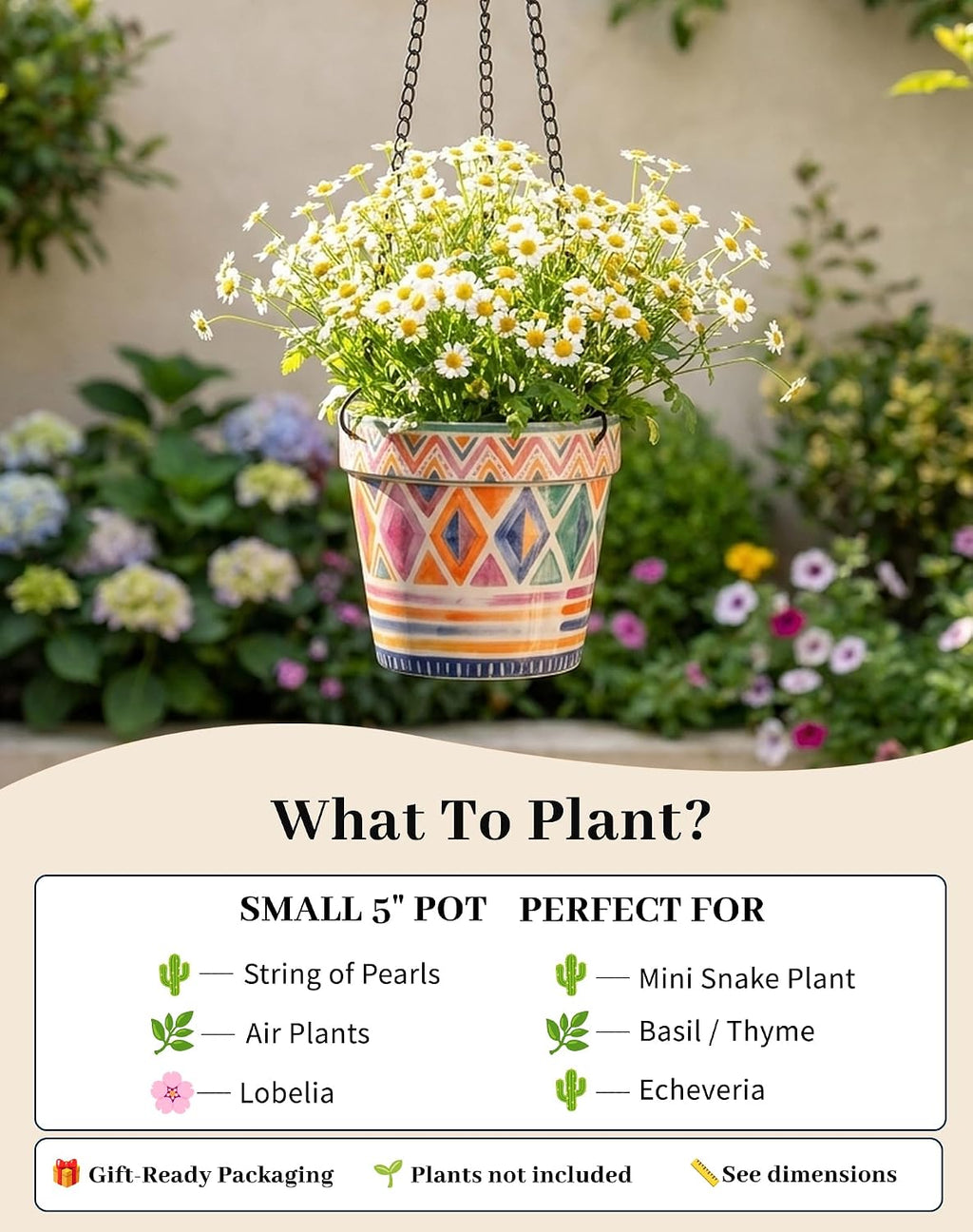 D'ORAMIE Boho Hanging Planter - 5.1" Stoneware Moroccan Geometric Pattern | Ceramic Indoor Outdoor Flower Pot with Iron