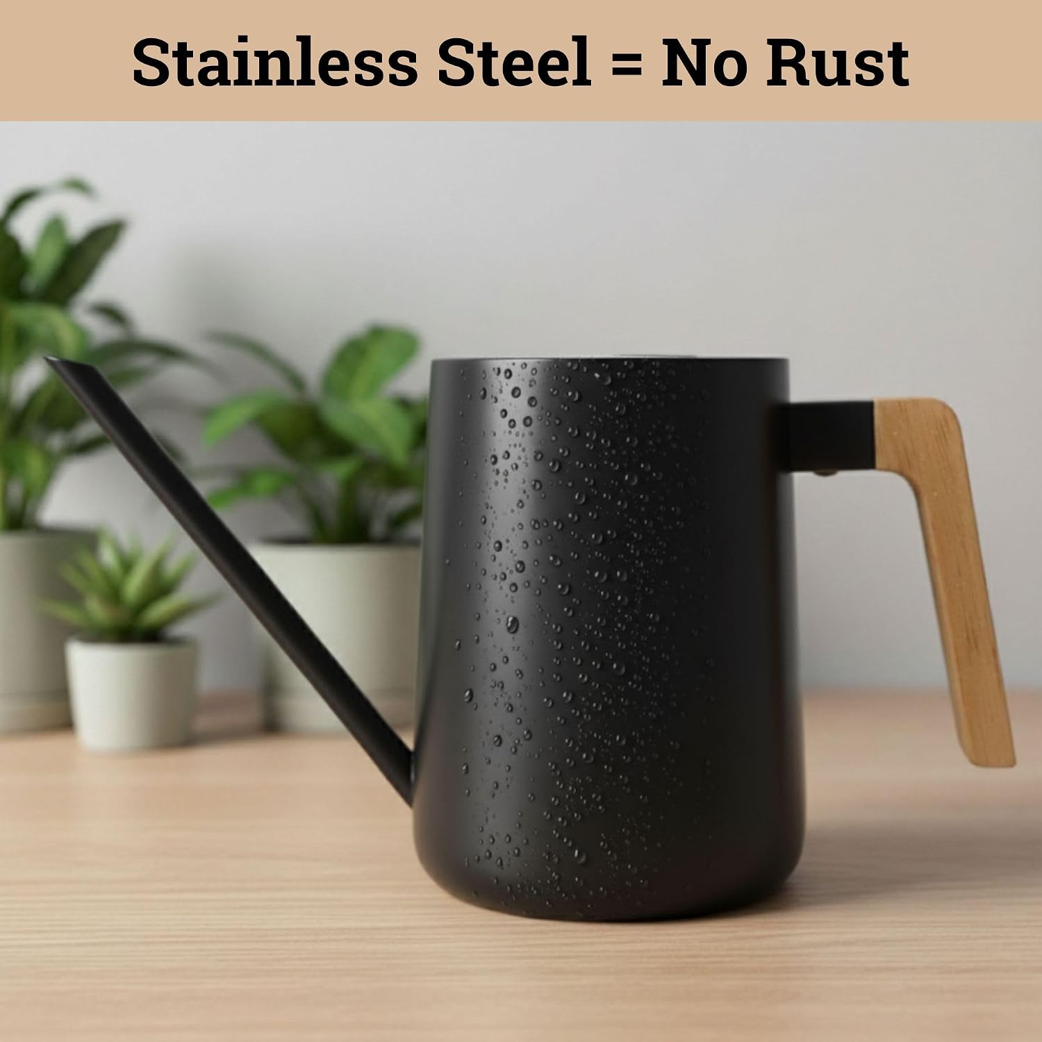 Metal Small Indoor Watering Can with Long Spout & Real Wood Handle, 35oz | Long Spout, Stainless Steel, Real Wood