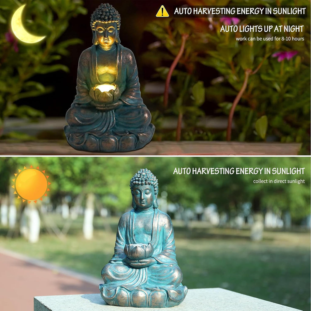 Bshine Buddha Statue Outdoor Solar Light with Lotus Lamp, Zen Garden Decor | Waterproof Buddha Garden Statues with